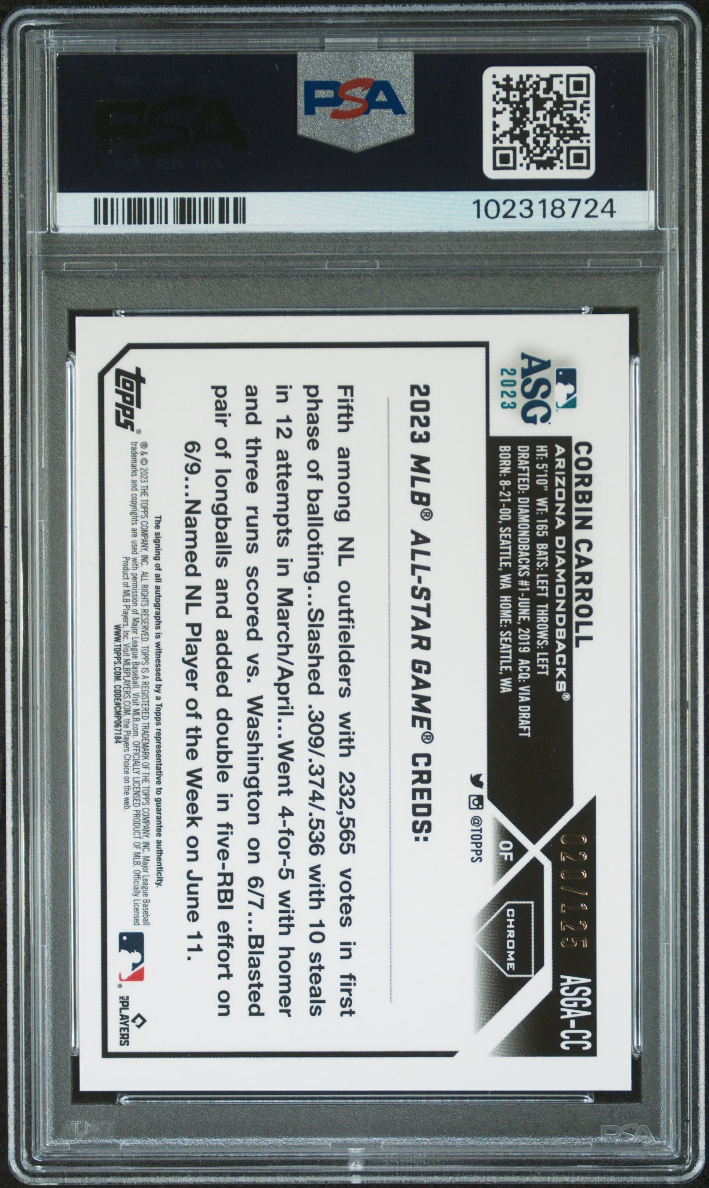 Corbin Carroll 2023 Topps Chrome Update Xfractor Auto #20/125 PSA 10 Gem Mint