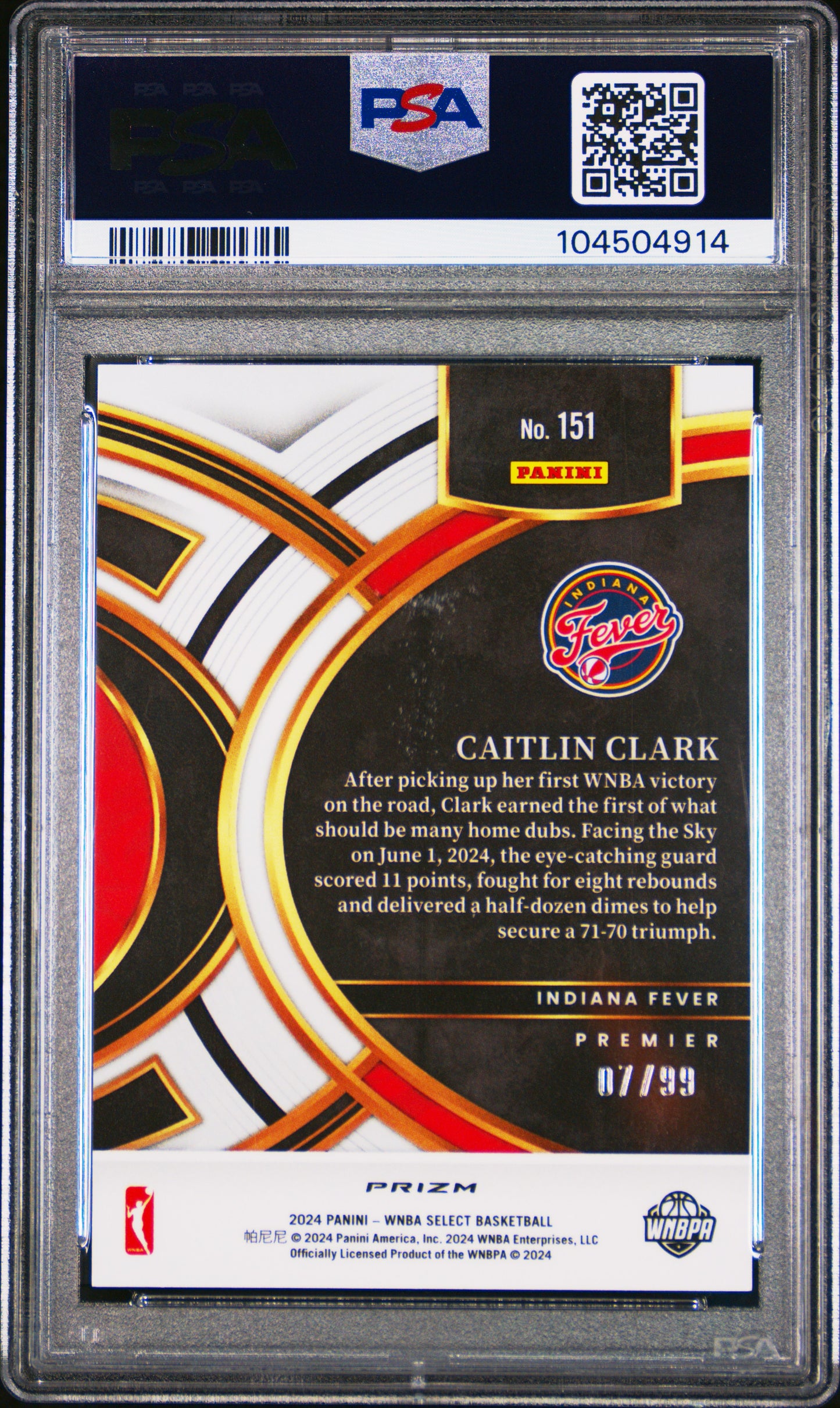 Caitlin Clark 2024 Select WNBA #151 White Prizm Rookie #7/99 PSA 10 Gem Mint