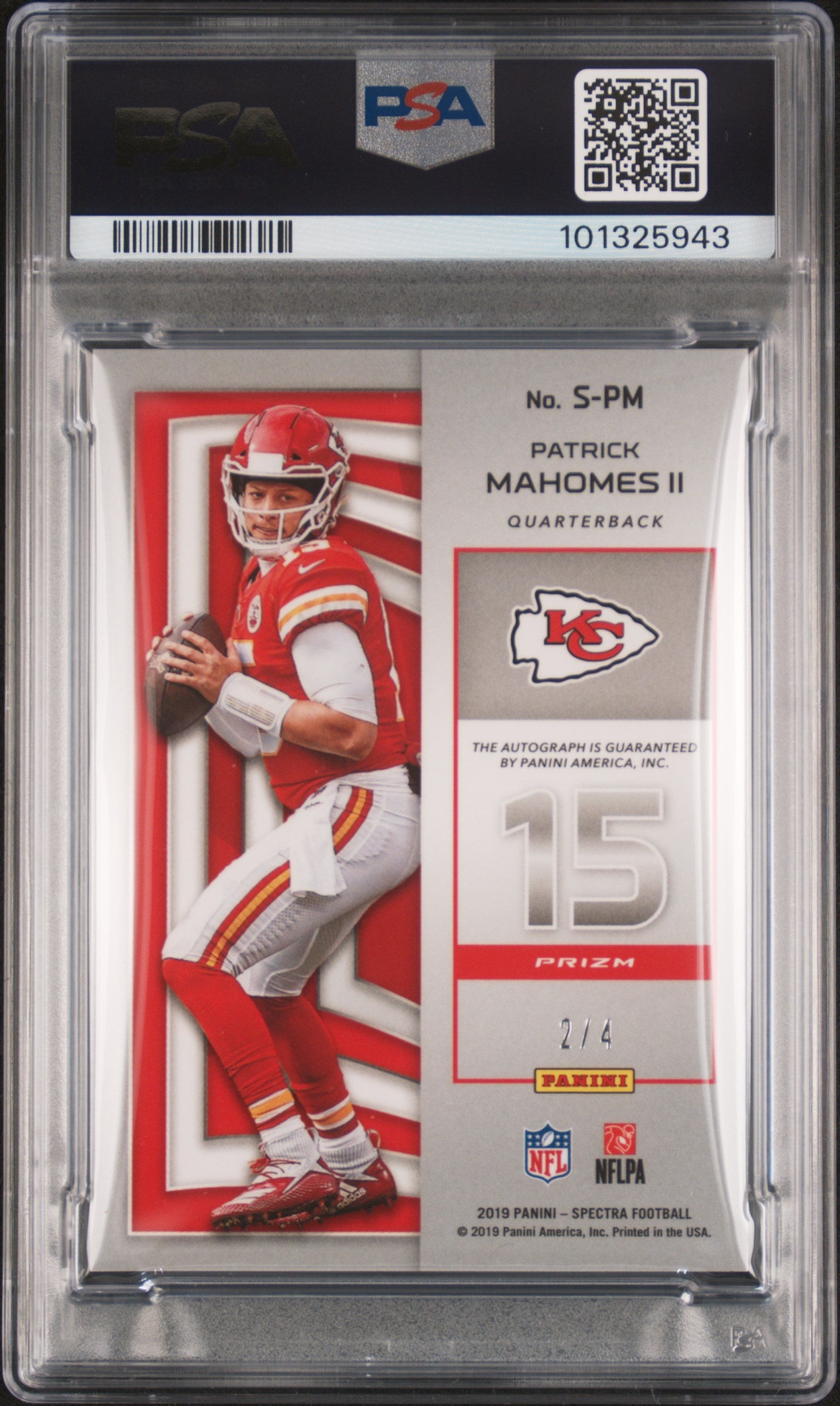 Patrick Mahomes 2019 Panini Spectra Neon Marble Auto #2/4 PSA 9 Auto 10