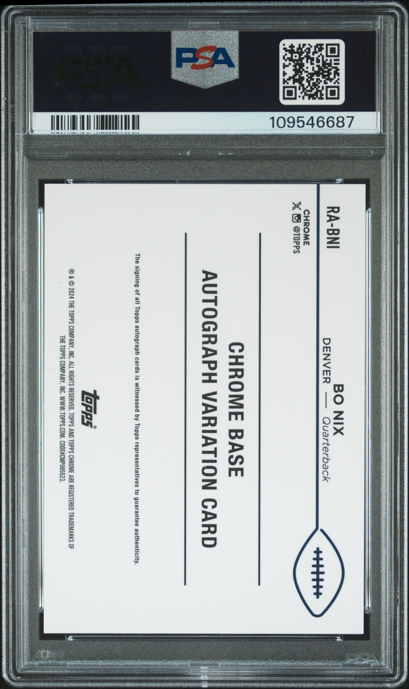 Bo Nix 2024 Topps Chrome Rookie Auto Blue Refractor #104/150 PSA 10 Auto 10