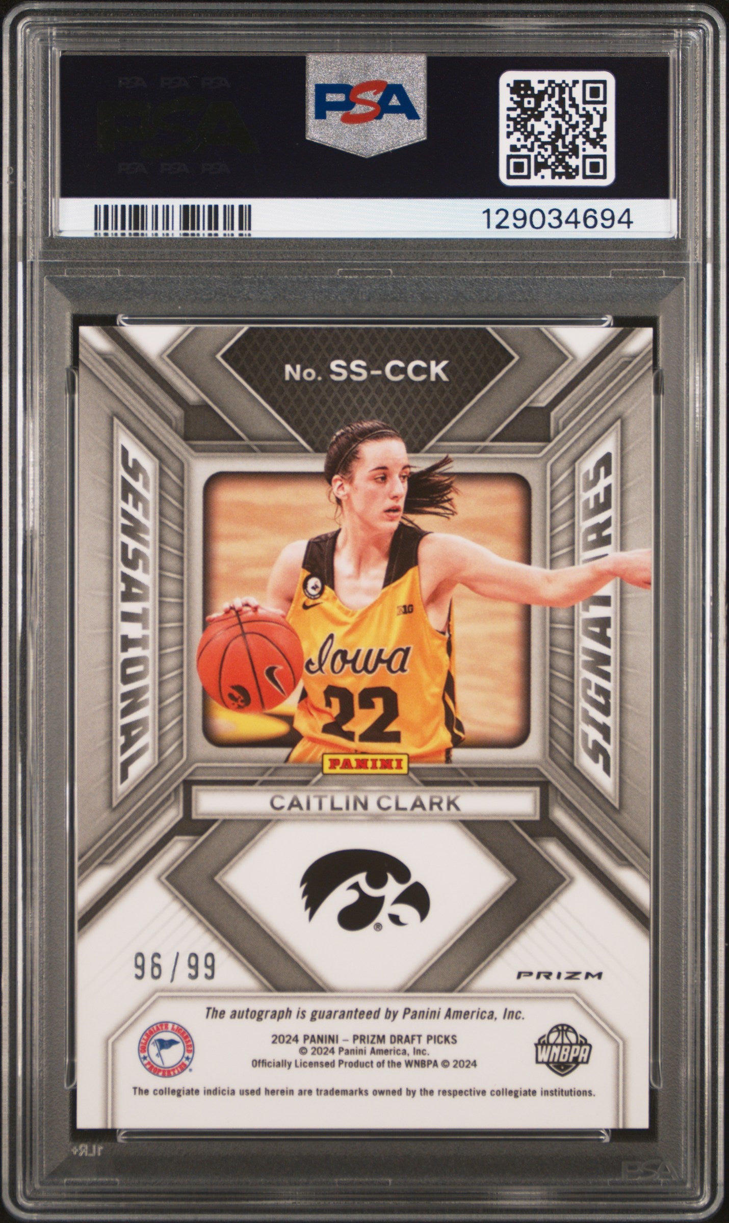 Caitlin Clark 2024 Panini Prizm Draft Picks Sensational Signatures Auto Purple Ice #96/99 PSA 10 Gem Mint