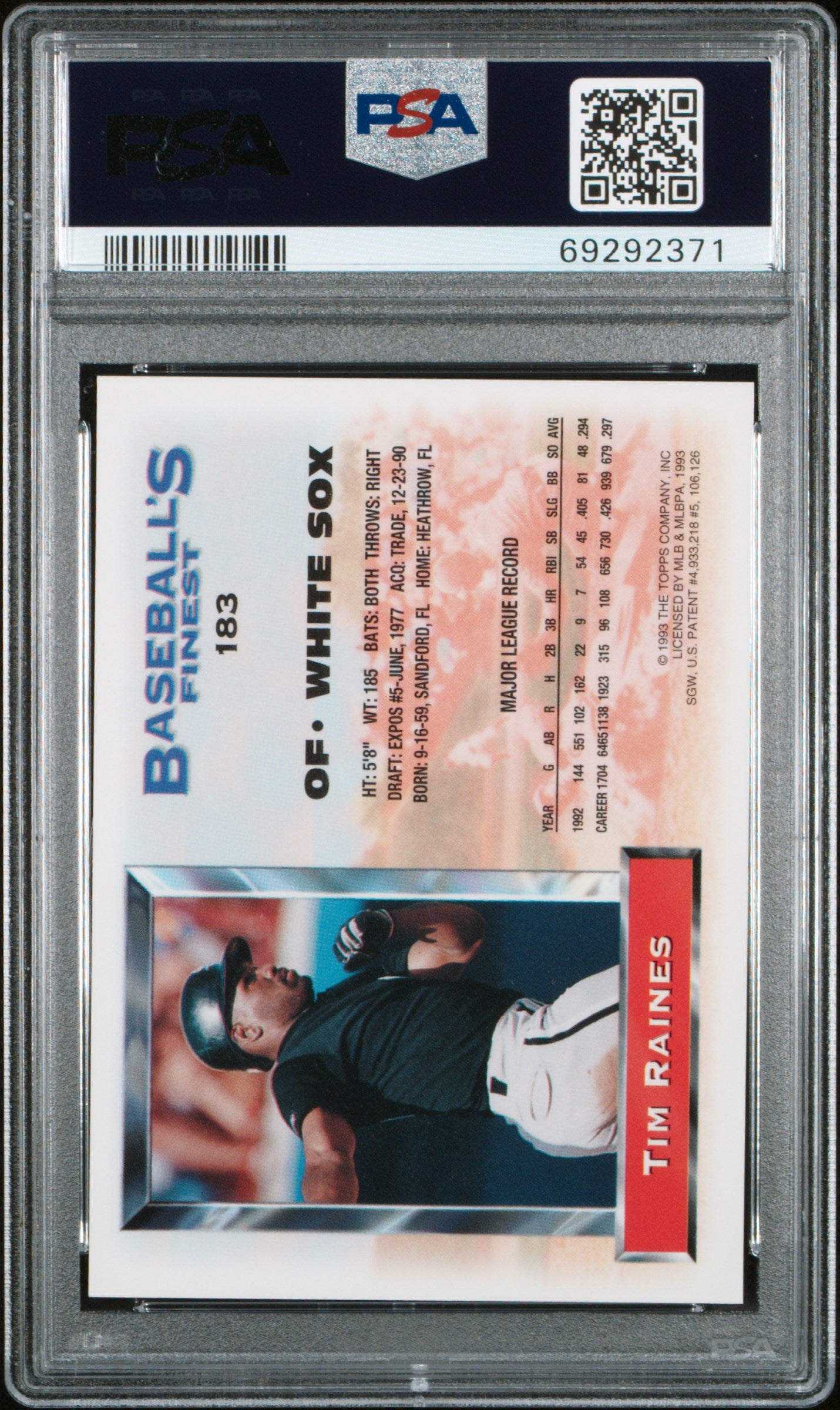 Tim Raines 1993 Topps Finest Refractor #183 PSA 8 Nm-Mint