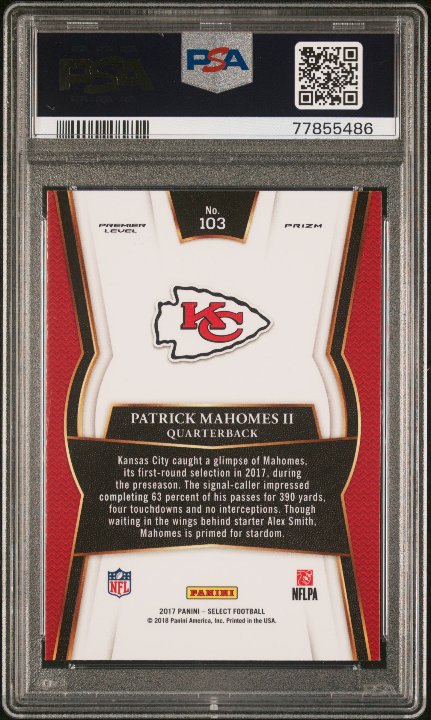 Patrick Mahomes 2017 Panini Select Silver Prizm #103 PSA 9 Mint