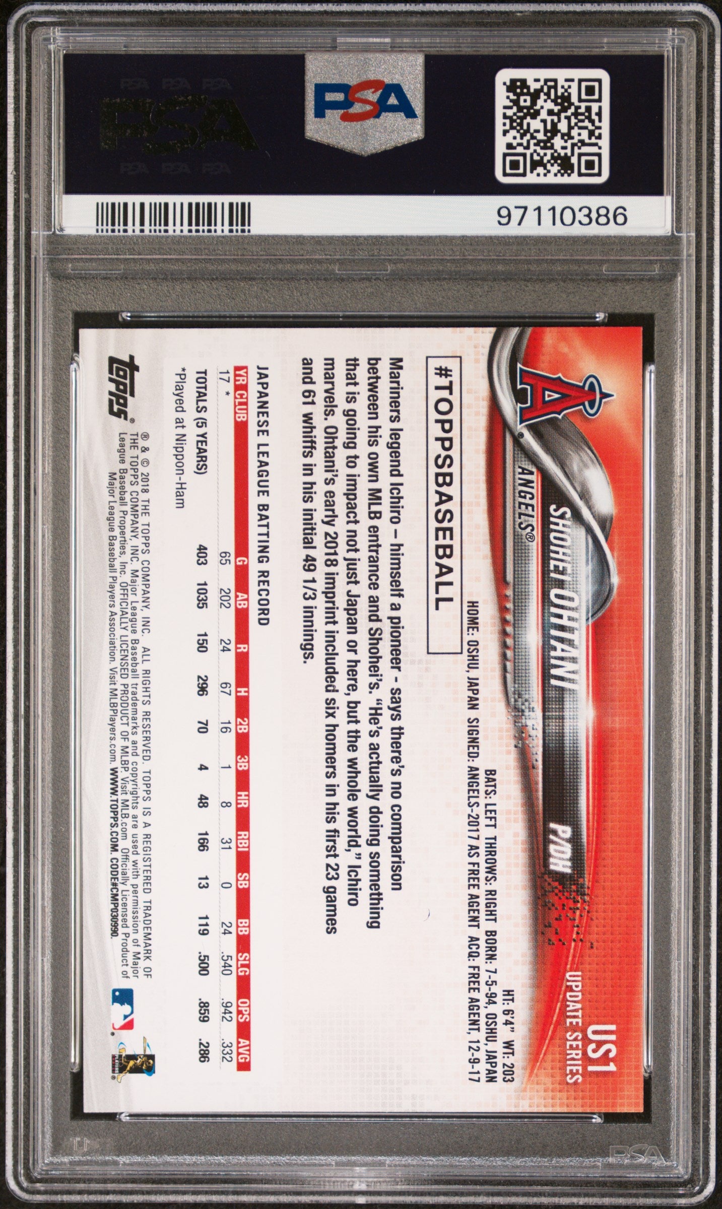 Shohei Ohtani 2018 Topps Update #US1 PSA 10 Gem Mint 0386