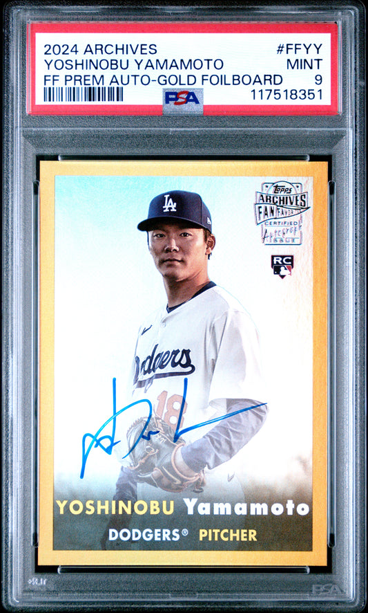 Yoshinobu Yamamoto 2024 Topps Archives Fan Favorites Gold Auto #18/50 PSA 9 Mint