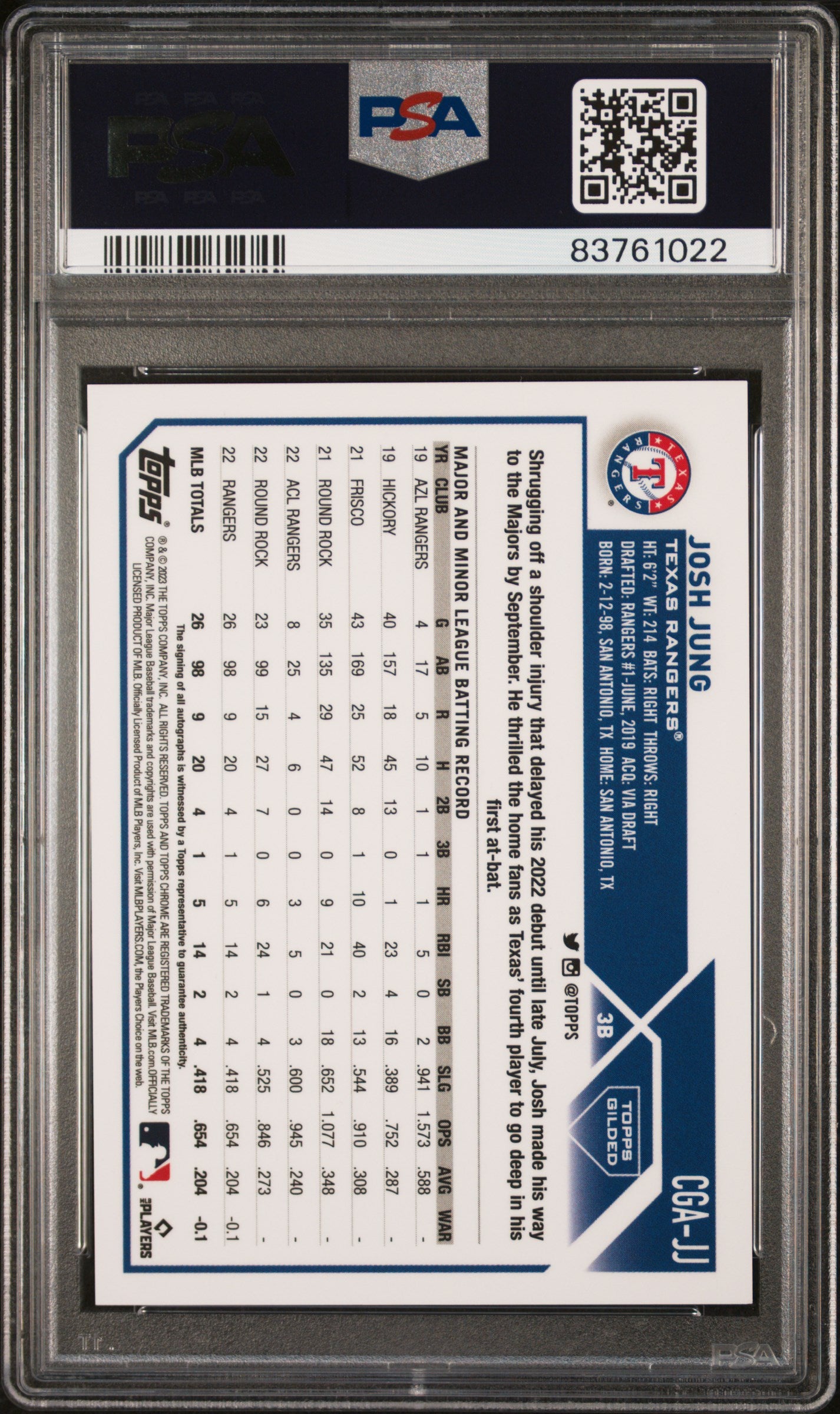 Josh Jung 2023 Topps Gilded Collection Gold Etch Auto Yellow #34/75 PSA 10 Gem Mint