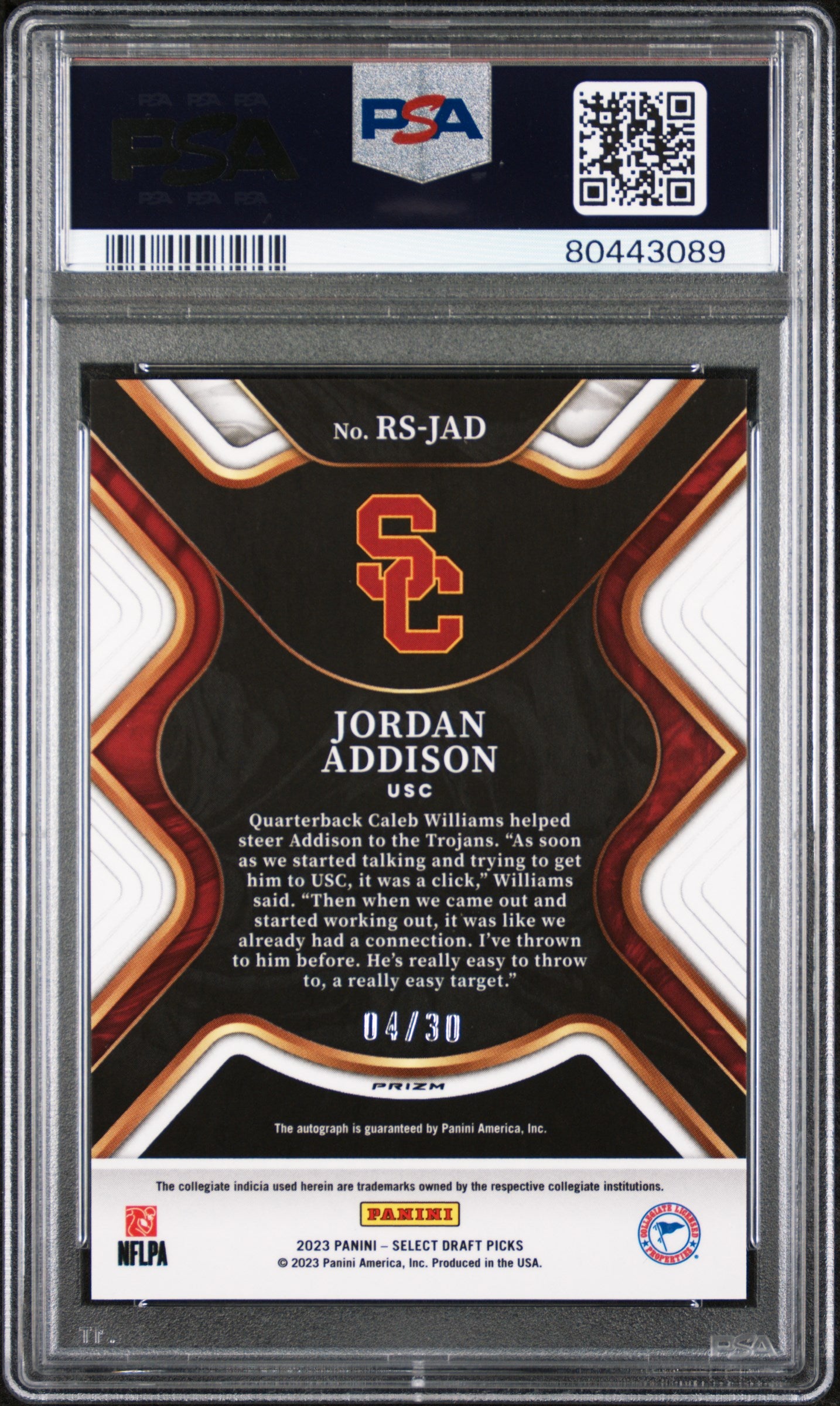 Jordan Addison 2023 Select Draft Orange Pulsar Auto #4/30 PSA 10 Gem Mint