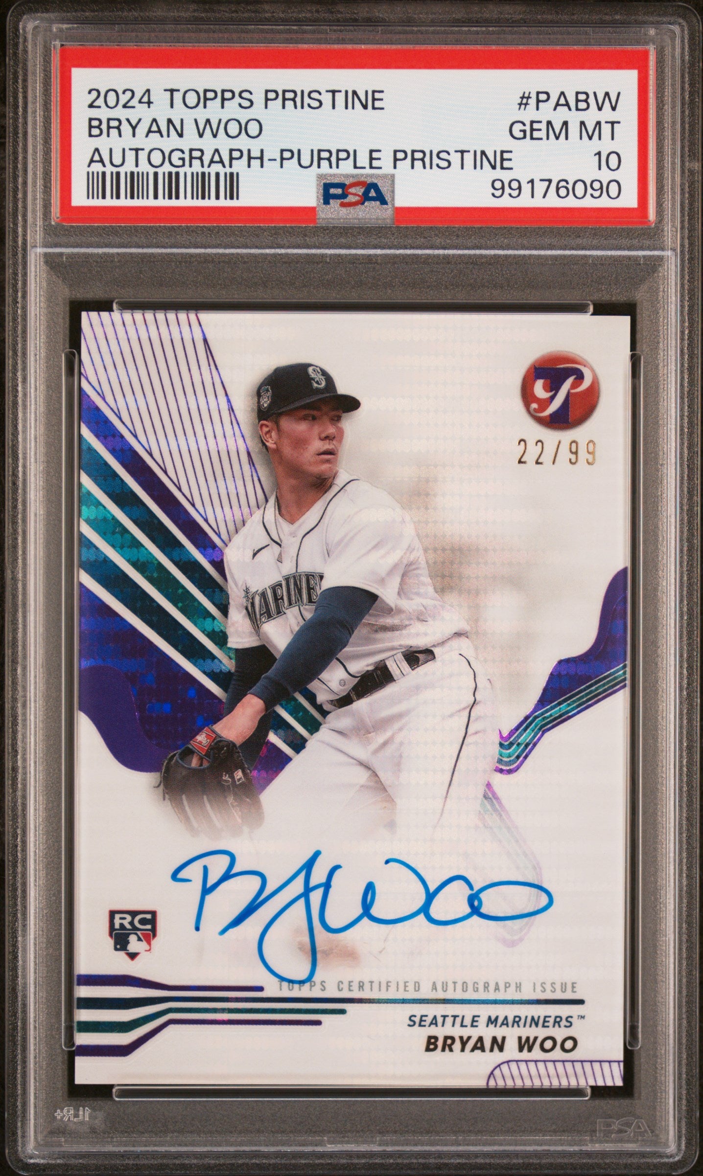 Bryan Woo 2024 Topps Pristine Purple Rookie Auto #22/99 PSA 10 Gem Mint