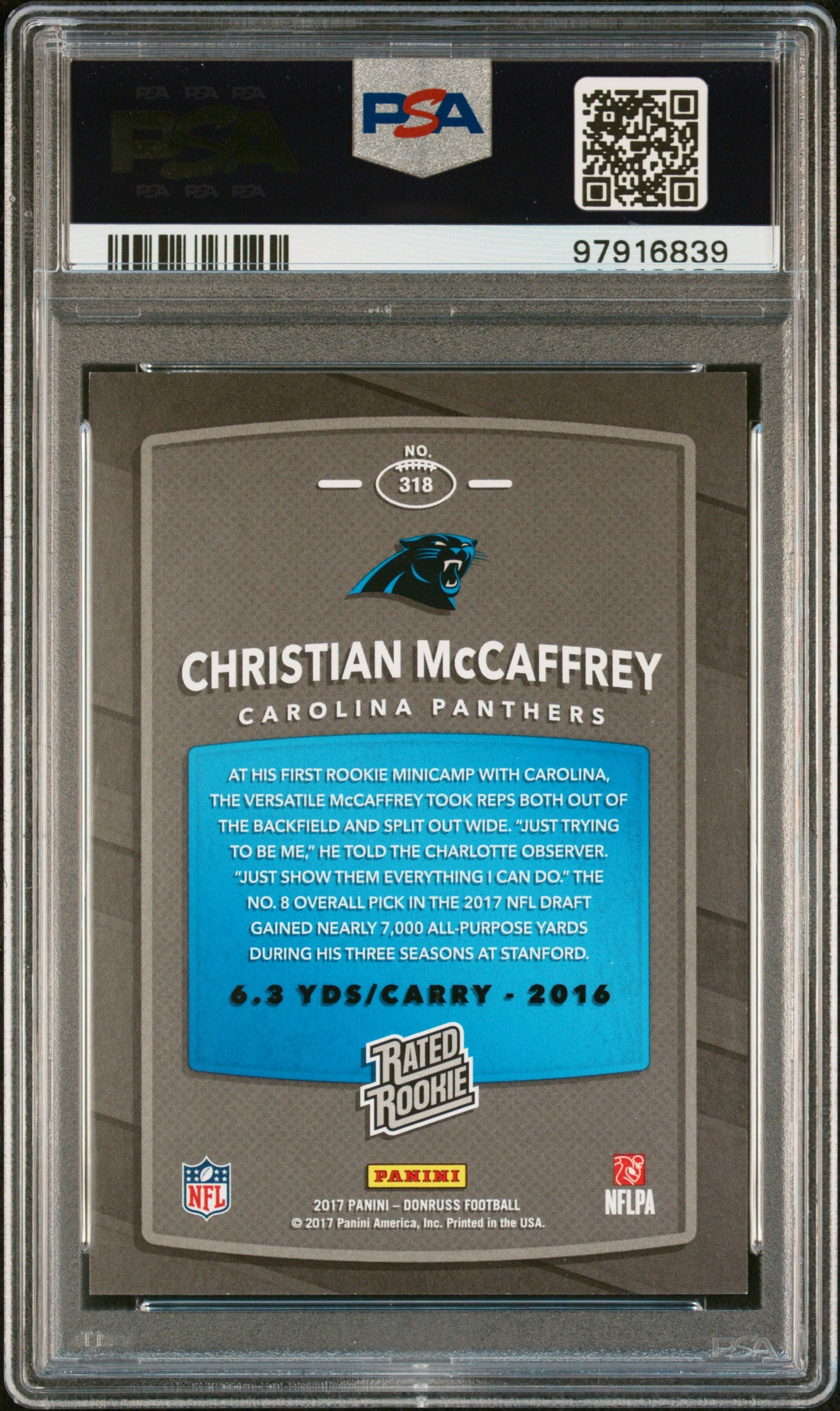 Christian McCaffrey 2017 Panini Donruss Rookie Season Stat Line #55/63 PSA 10 Gem Mint