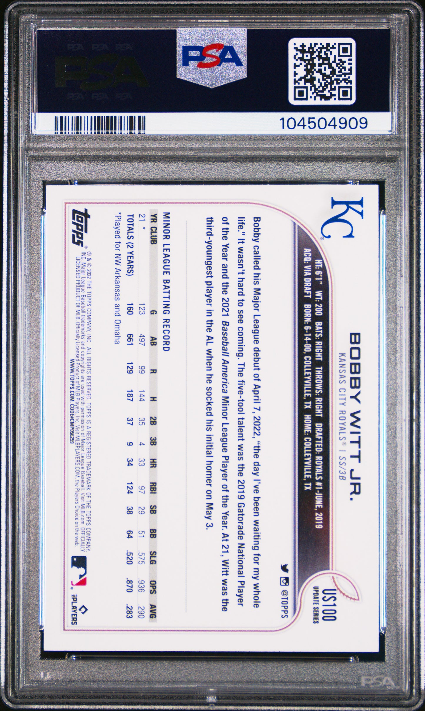 Bobby Witt Jr. 2022 Topps Update #US100 SP PSA 10 Gem Mint