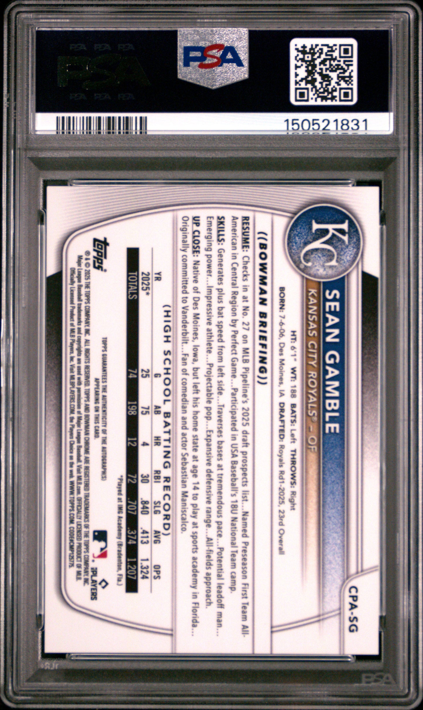 Sean Gamble 2025 Bowman Chrome Draft Sparkle Refractor Auto #40/71 PSA 10 Gem Mint