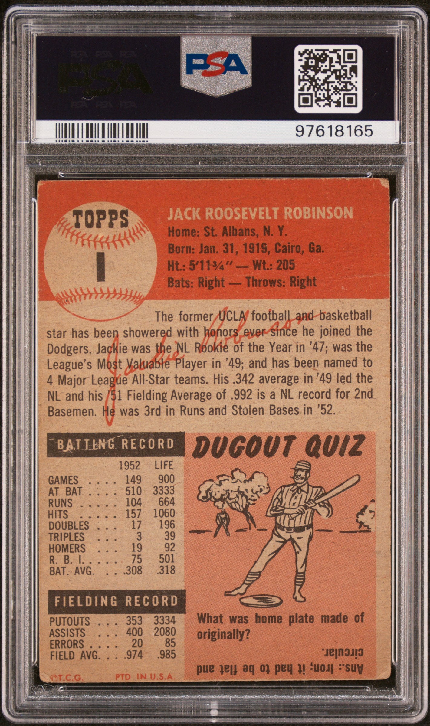 Jackie Robinson 1953 Topps #1 PSA 1 MK Poor
