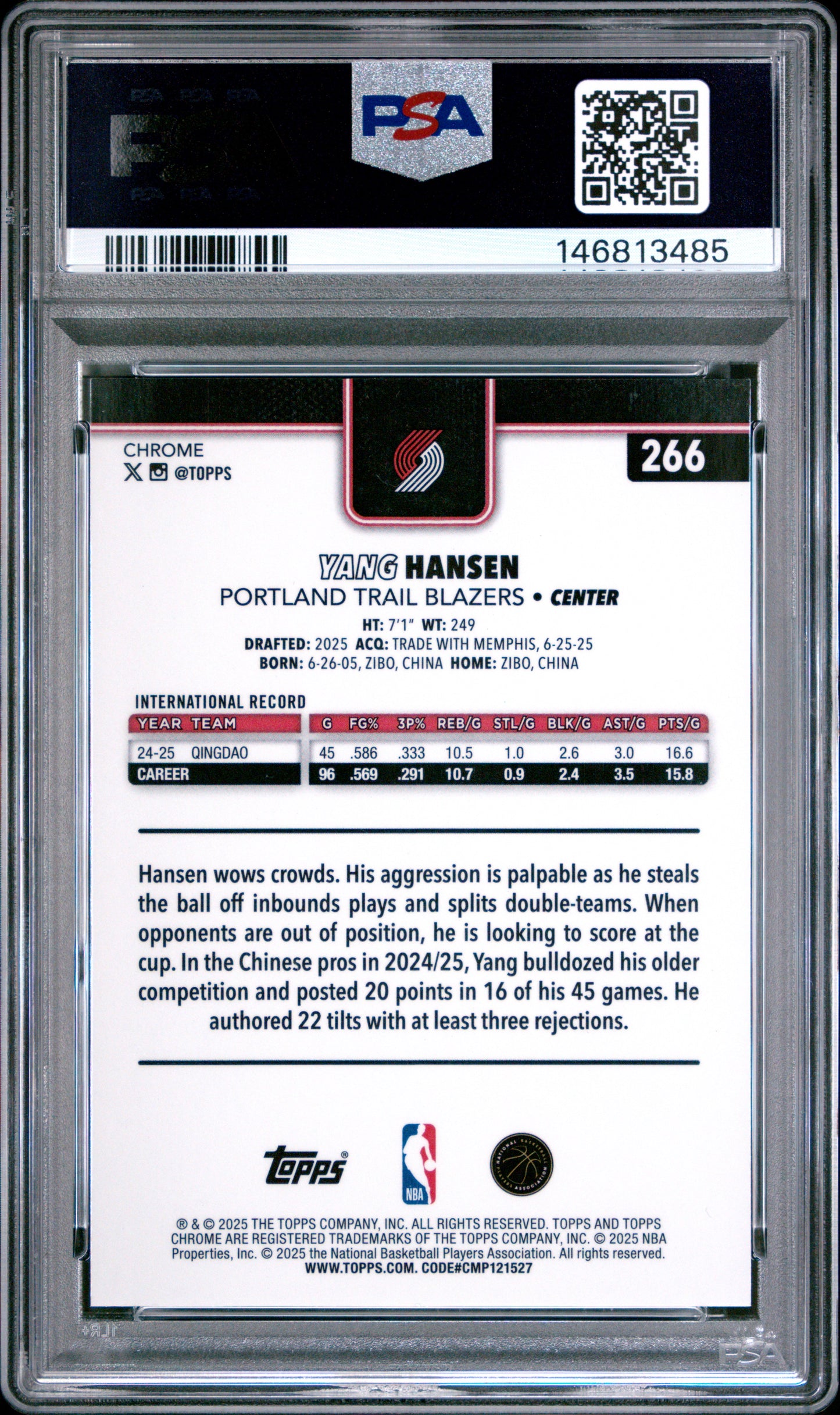 Yang Hansen 2025 Topps Chrome #266 Orange Basketball Refractor #16/25 PSA 9 Mint