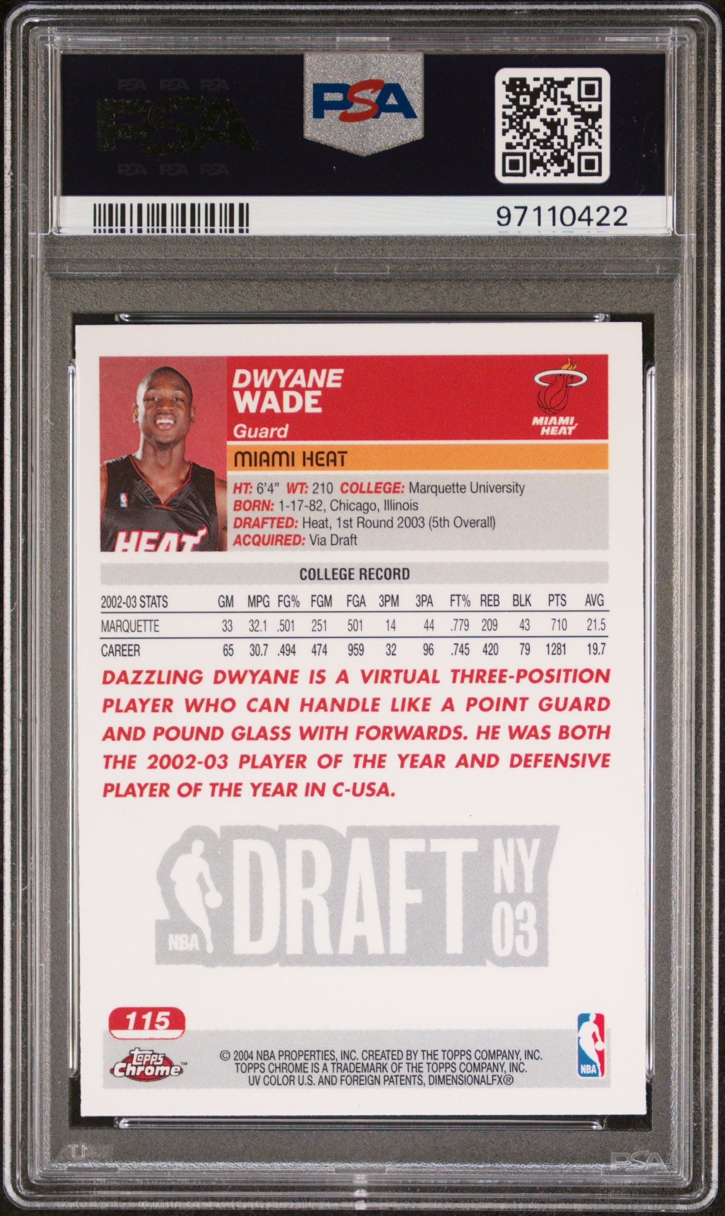 Dwyane Wade 2023 TOpps Chrome Rookie #115 PSA 10 Gem Mint