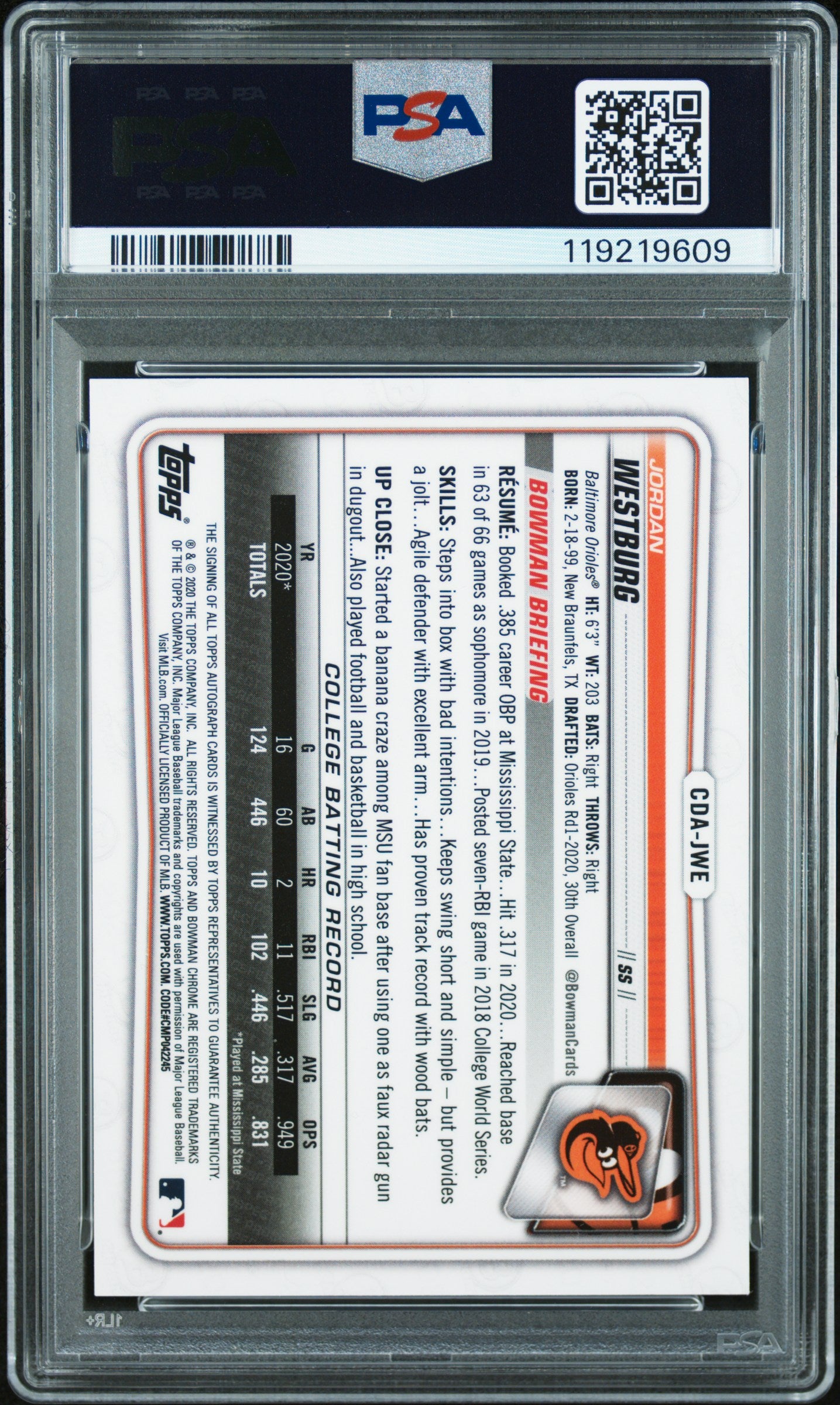 Jordan Westburg 2020 Bowman Chrome Draft Purple Refractor Auto #245/250 PSA 10 Auto 10