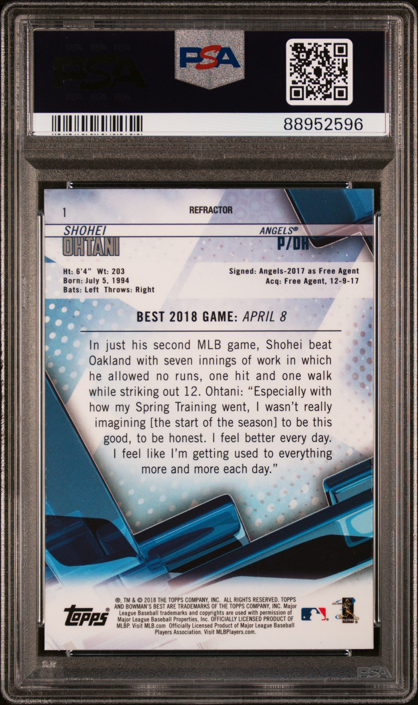 Shohei Ohtani 2018 Bowmans Best Refractor #1 PSA 10 Gem Mint
