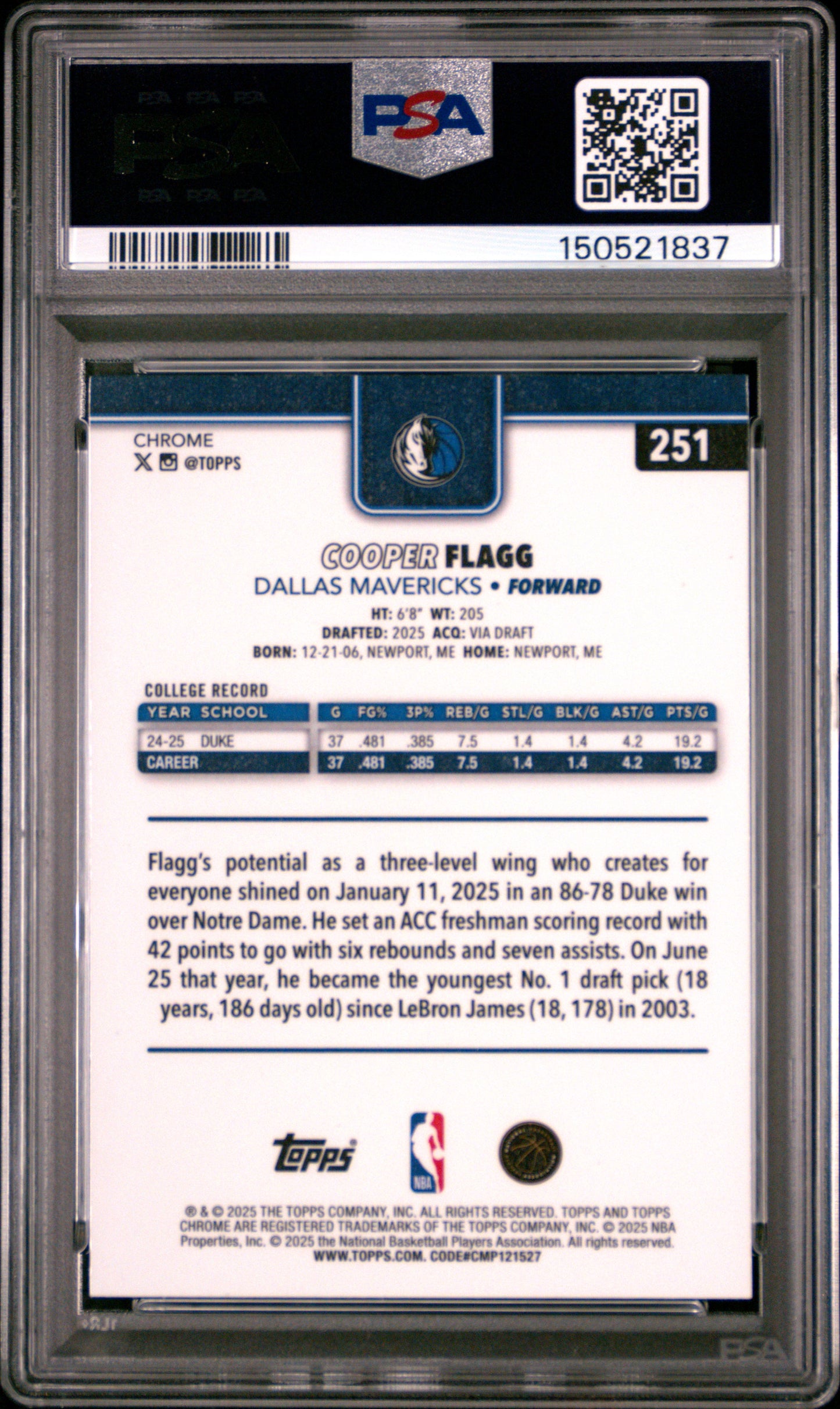 Copper Flagg 2025 Topps Chrome Red White Blue refractor PSA 9 Mint 1837