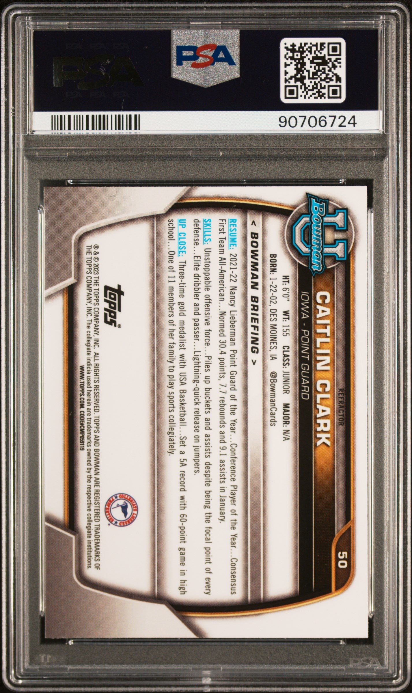 Caitlin Clark 2022 Bowman Chrome University Refractor #50 PSA 10 Gem Mint