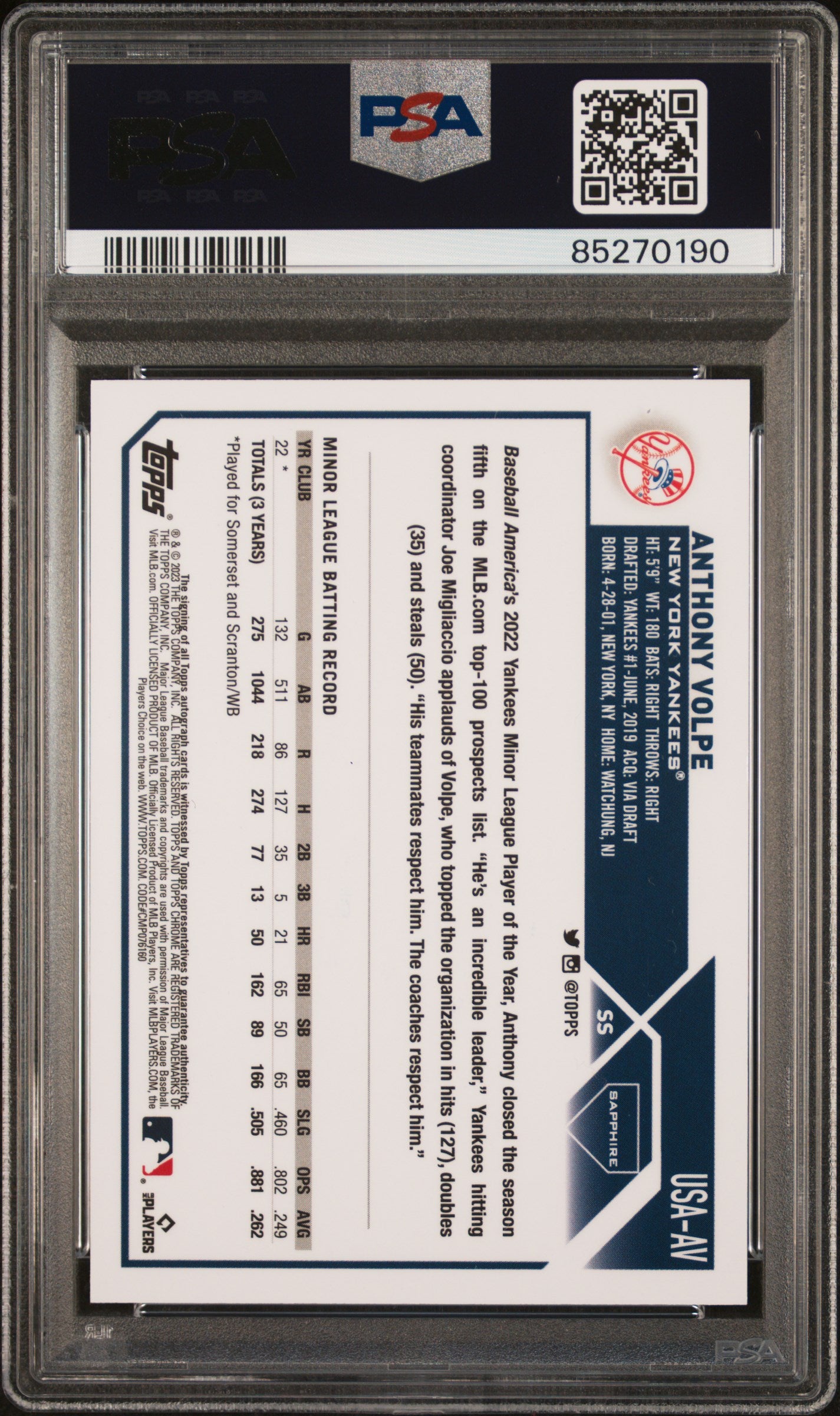 Anthony Volpe 2023 Topps Chrome Update Sapphire Red Auto #4/5 PSA 9 Auto 10
