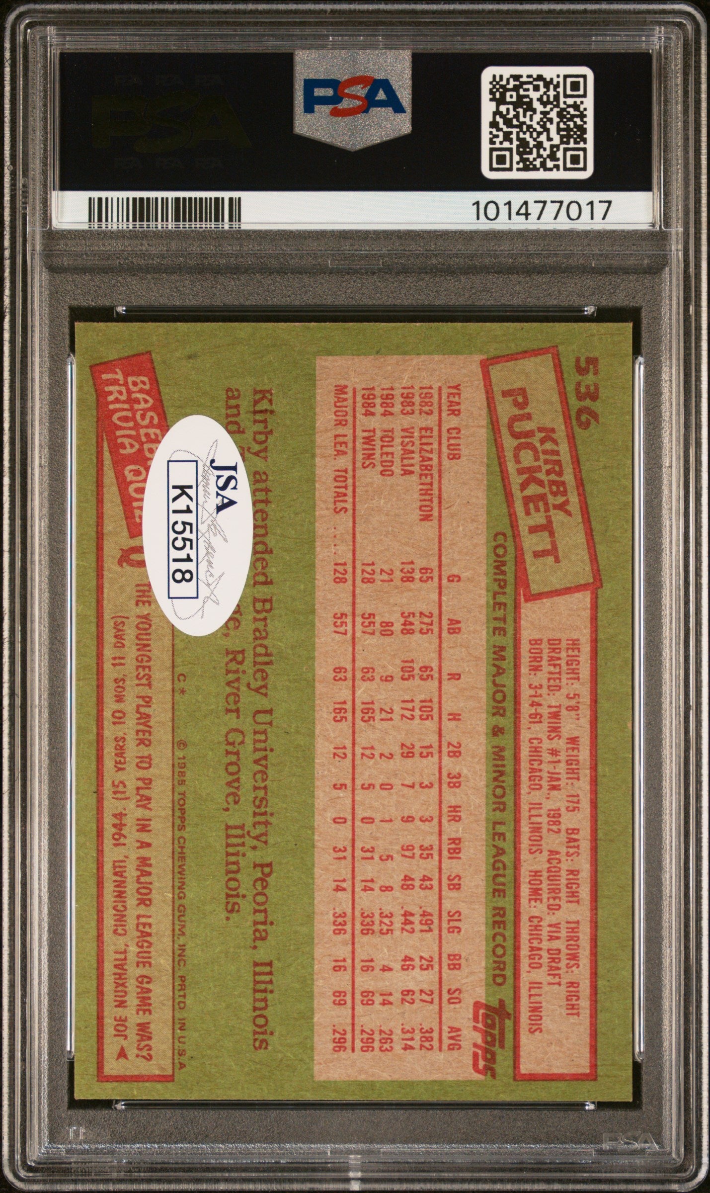 Kirby Puckett 1985 Topps RC #536 Autograph PSA Auth