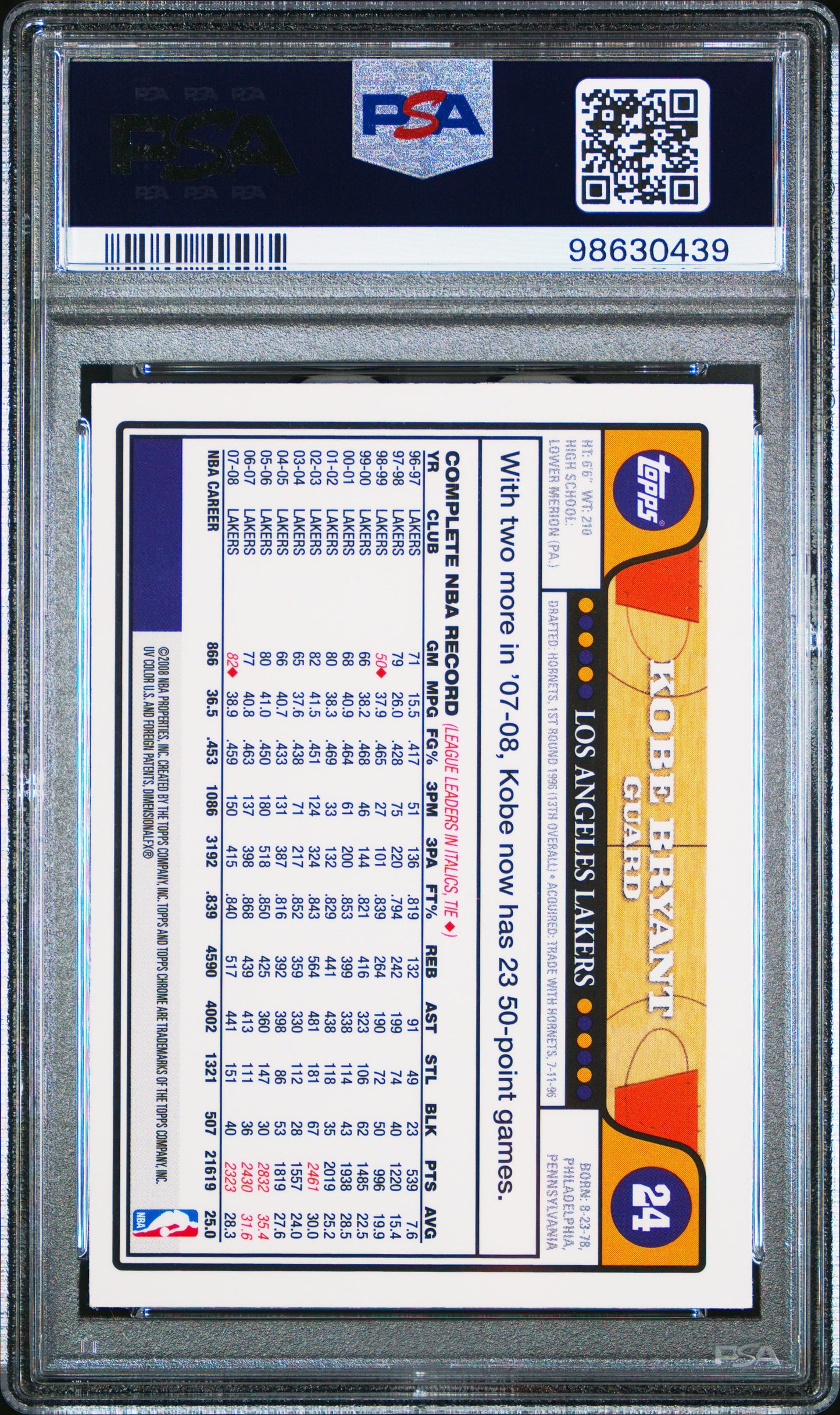 Kobe Bryant 2008 Topps Chrome #24 PSA 9 Mint 0439