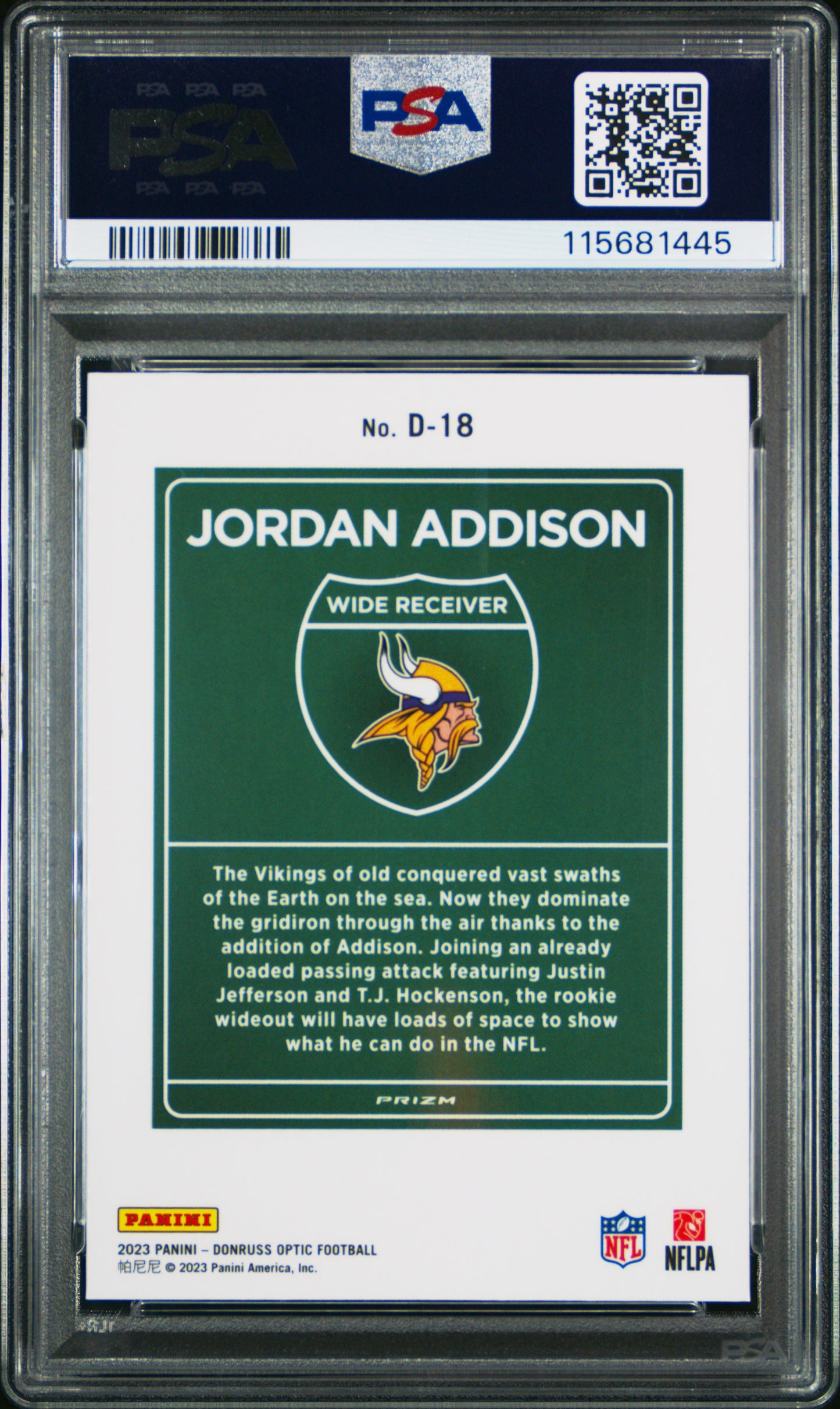 Jordan Addison 2023 Donruss Optic Downtown #D18 PSA 9 Mint
