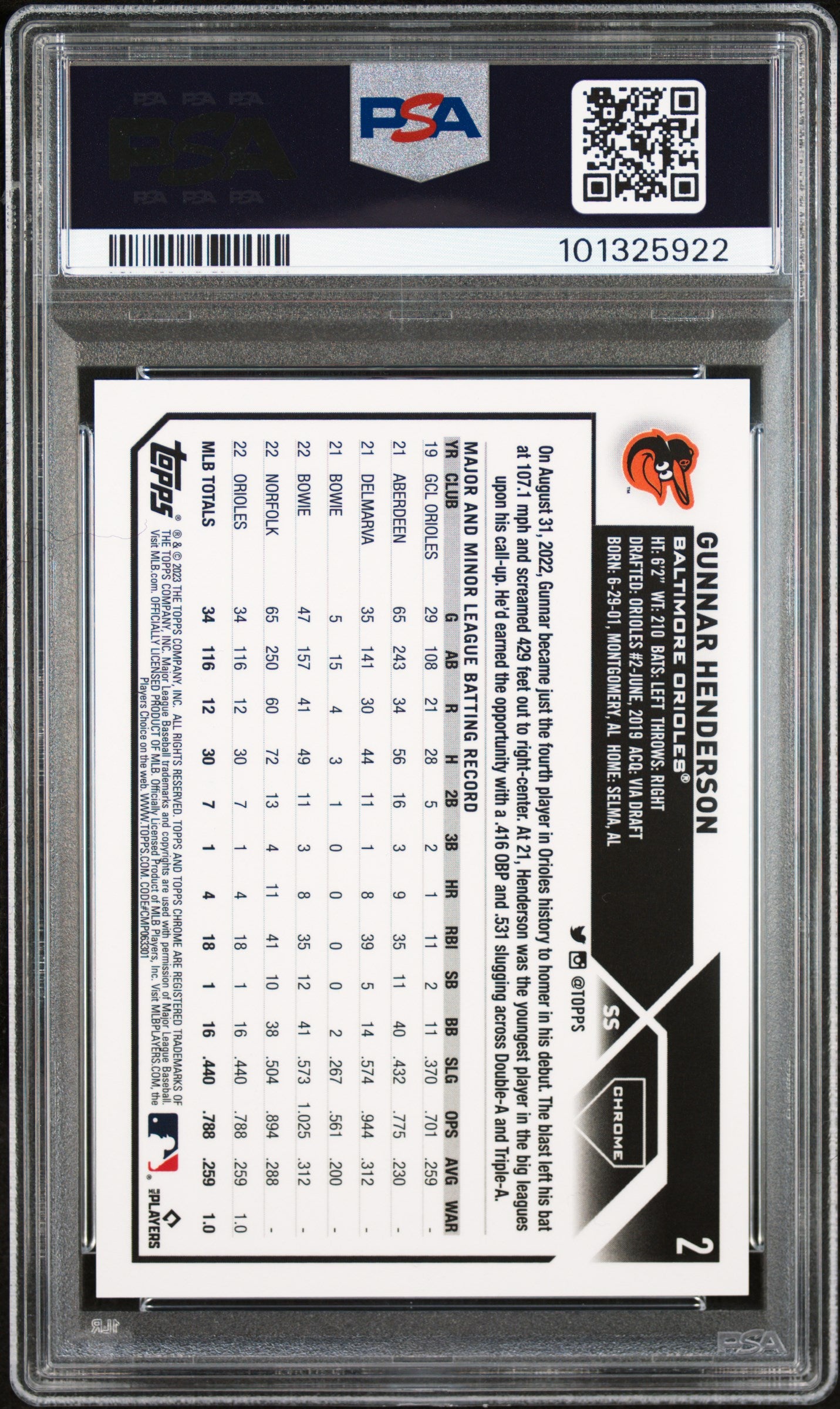 Gunnar Henderson 2023 Topps Chrome Logofractor SP Rookie PSA 10 Gem Mint