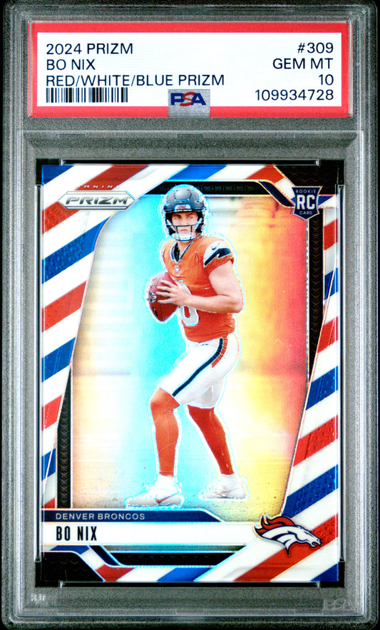 Bo Nix 2024 Panini Prizm RedWhite/Blue Prizm Rookie #309 PSA 10 Gem Mint