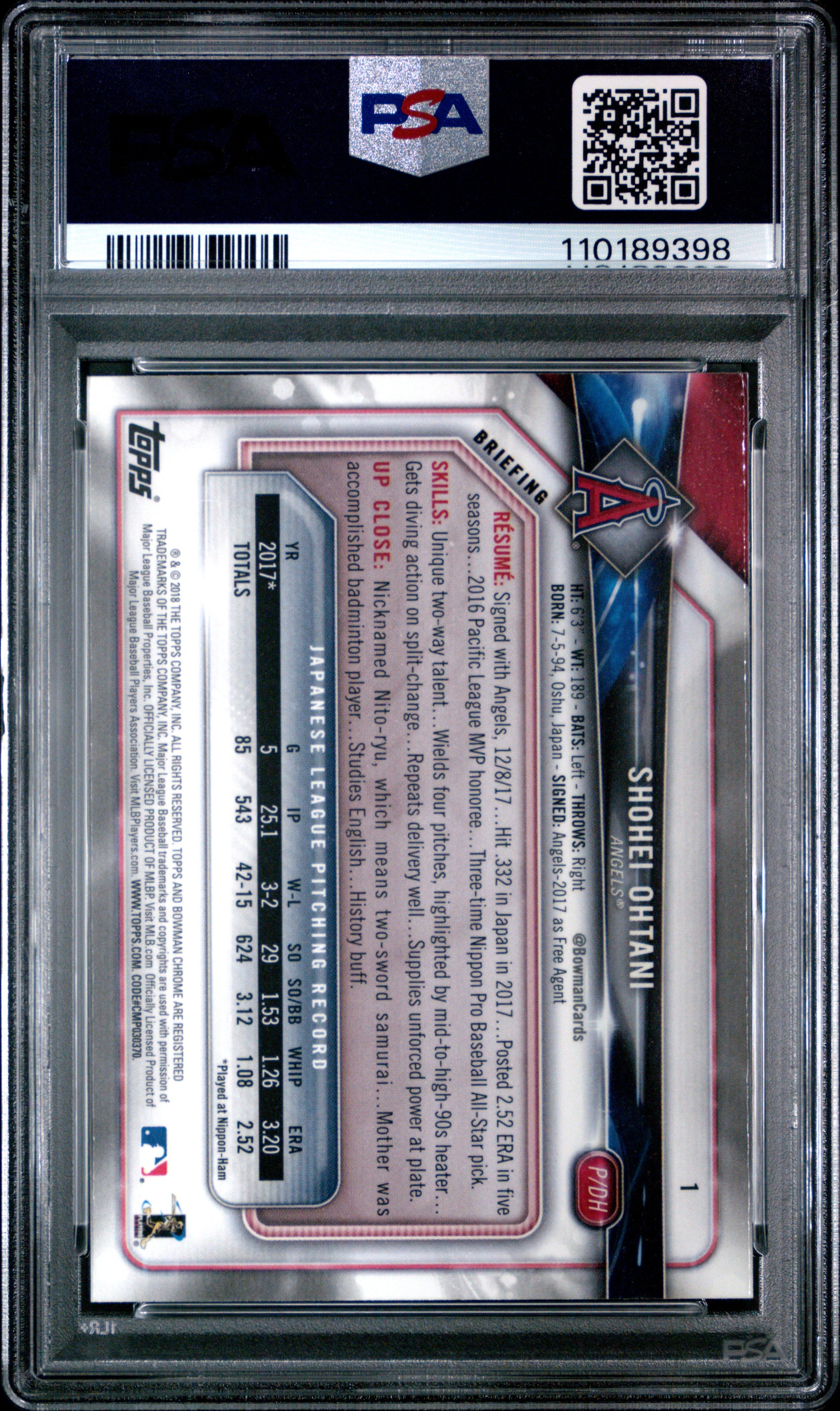 Shohei Ohtani 2018 Bowman Chrome #1 RC PSA 9 Mint 9398