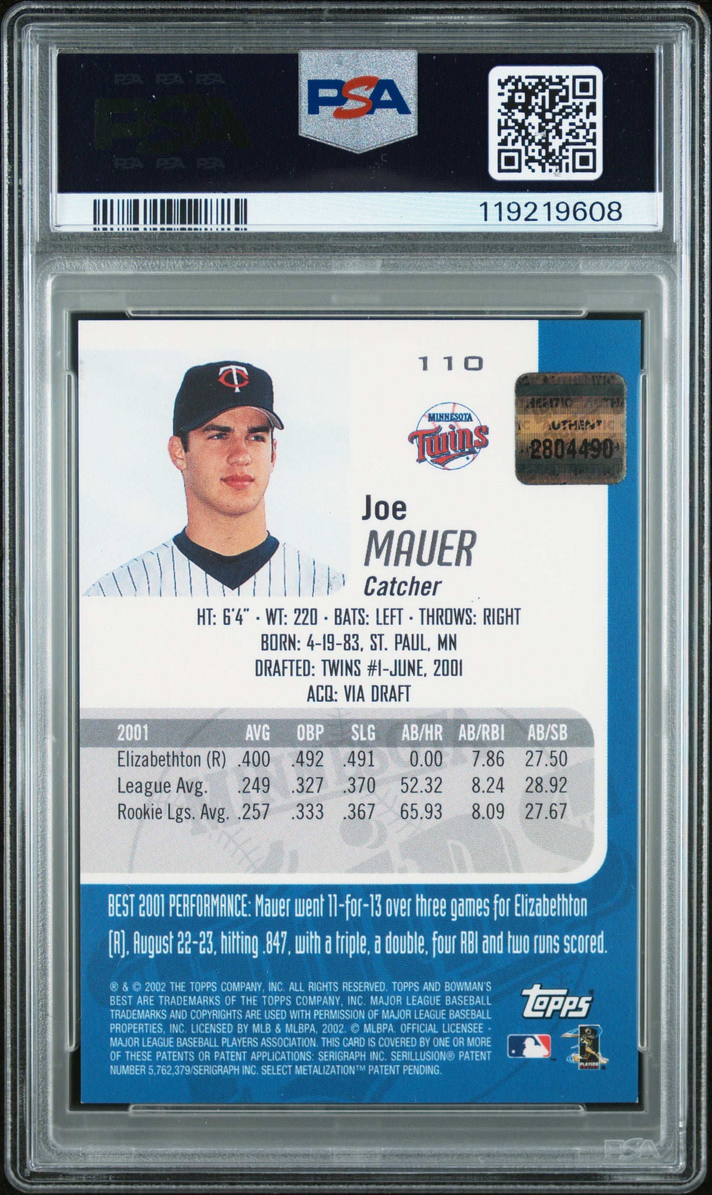 Joe Mauer 2002 Bowmans Best Rookie Red Auto PSA 9 Auto 10