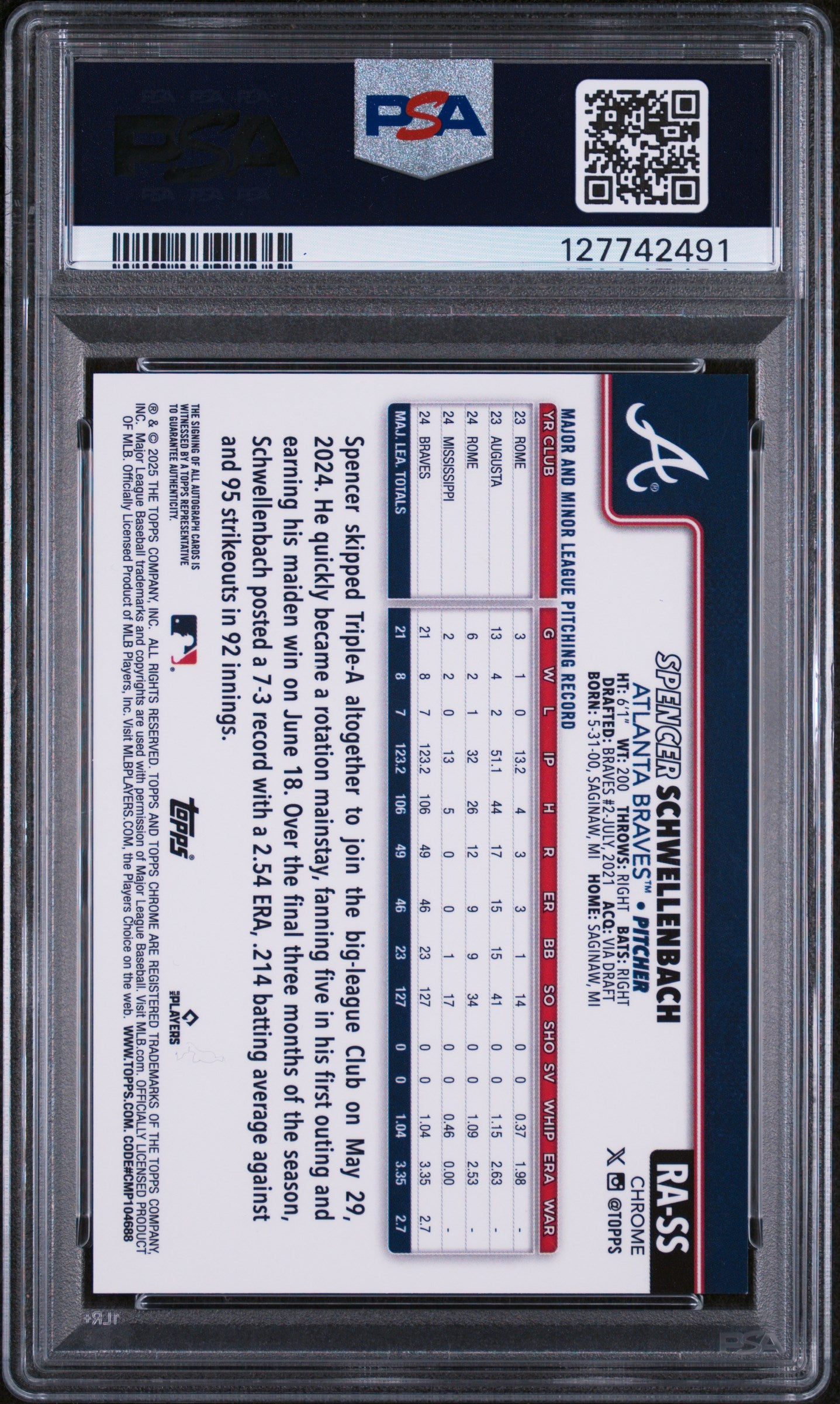 Spencer Schwellenbach 2025 Topps Chrome Sapphire Gold Rookie Auto #24/50 PSA 9 Mint