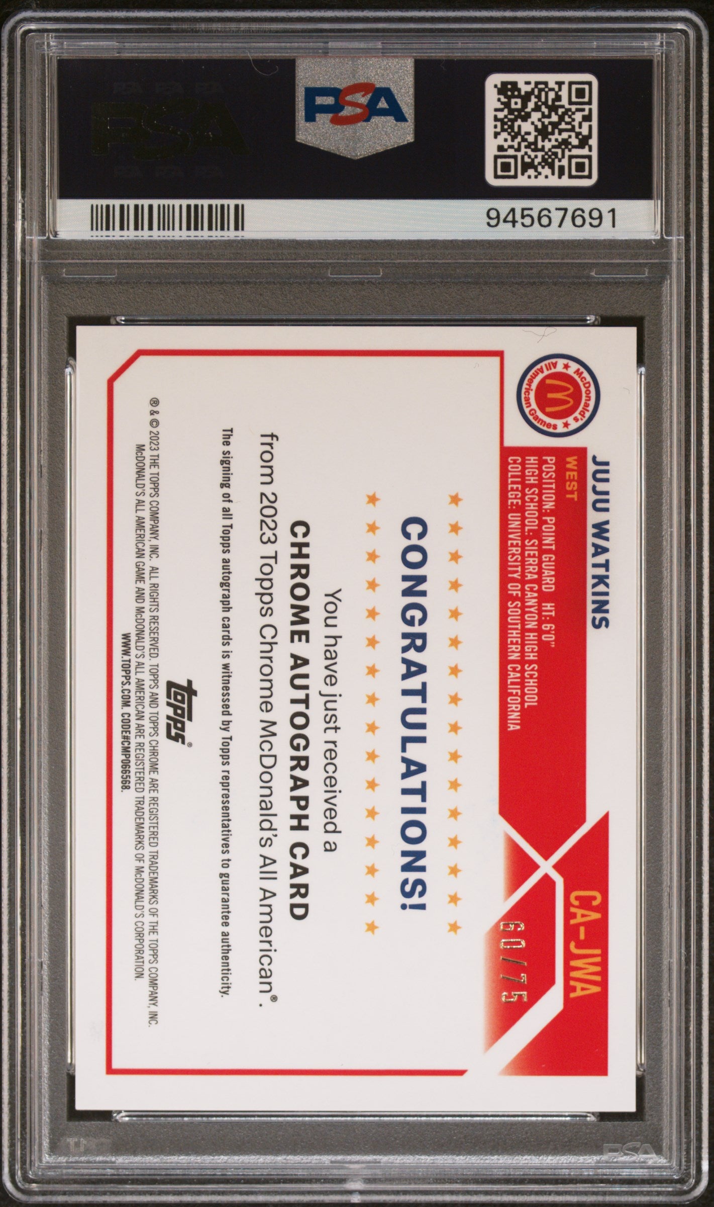 Juju Watkins 2023 Topps Chrome McDonalds Yellow Auto #60/75 PSA 9 Mint