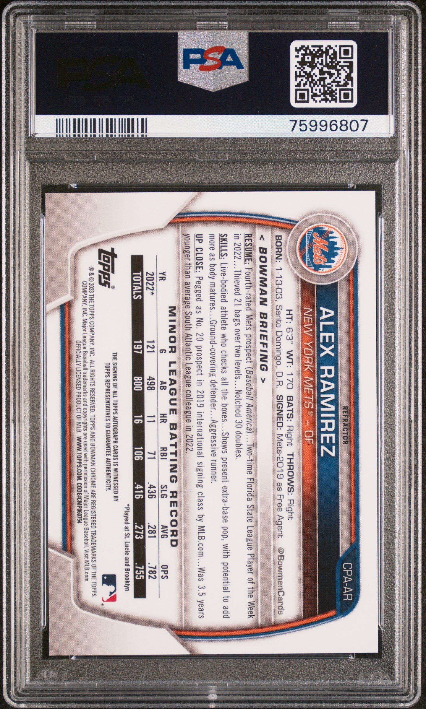 Alex Ramirez 2023 Bowman Chrome Refractor Auto #80/499 PSA 10 Auto 10