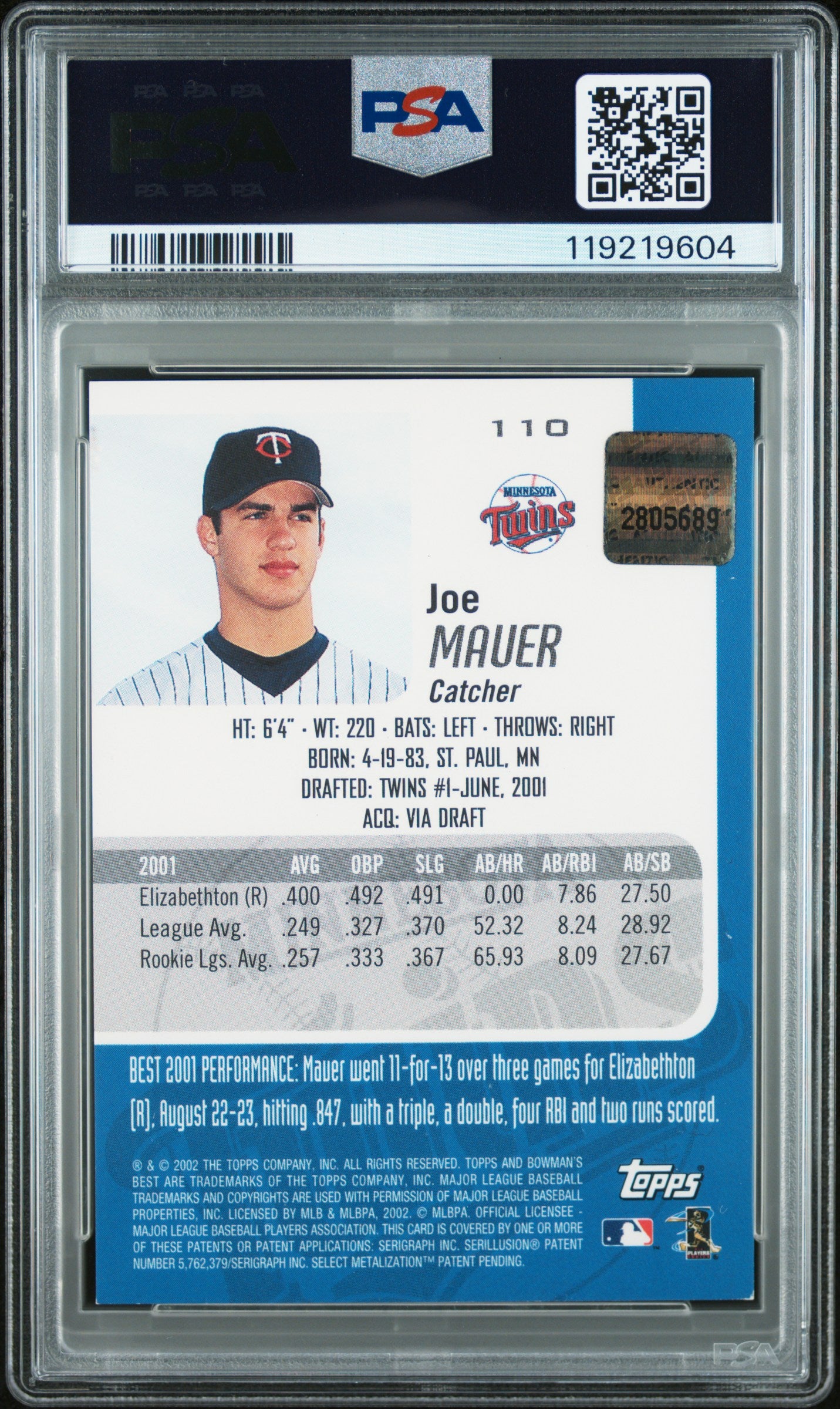 Joe Mauer 2002 Bowmans Best Rookie Auto PSA 8 Auto 10 9604