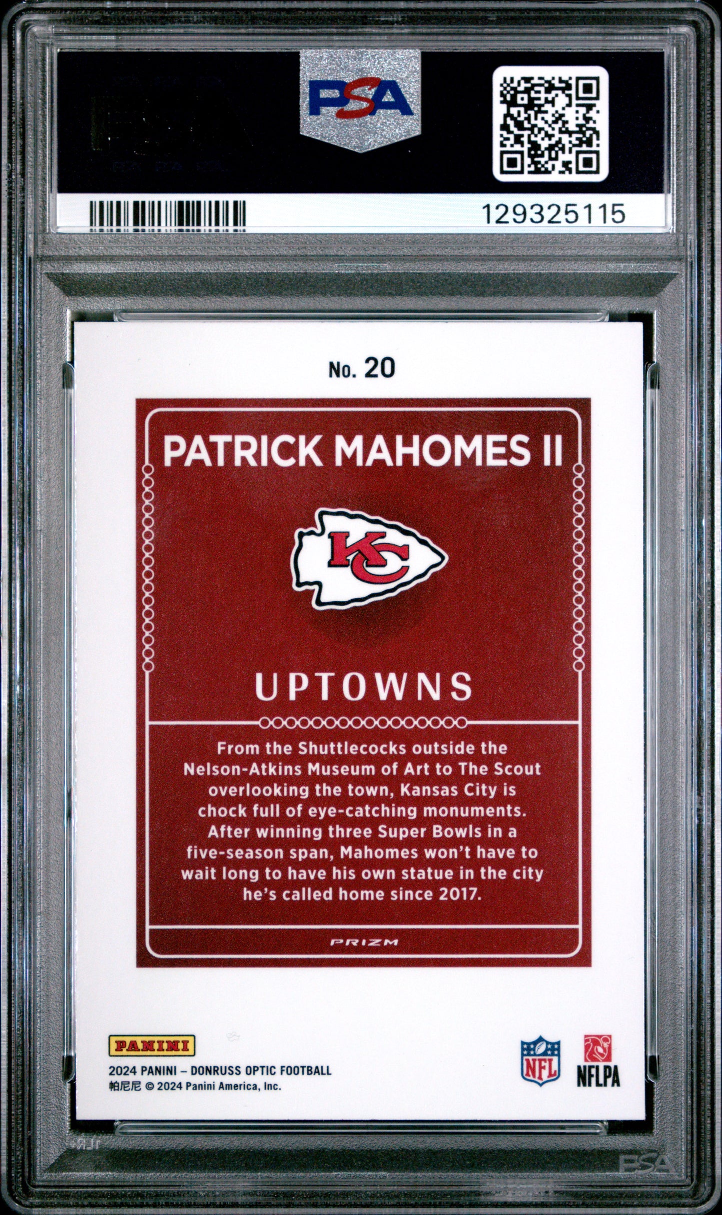 Patrick Mahomes 2024 Donruss Optic Uptowns PSA 10 Gem Mint