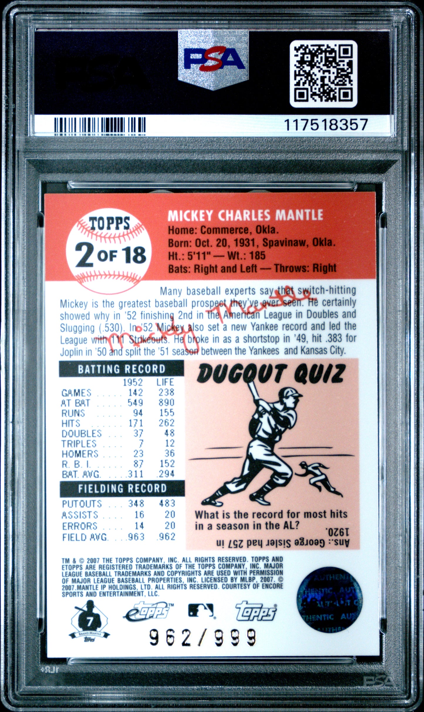 Mickey Mantle 2007 eTopps 1953 Topps Reprint #962/999 PSA 9 Mint