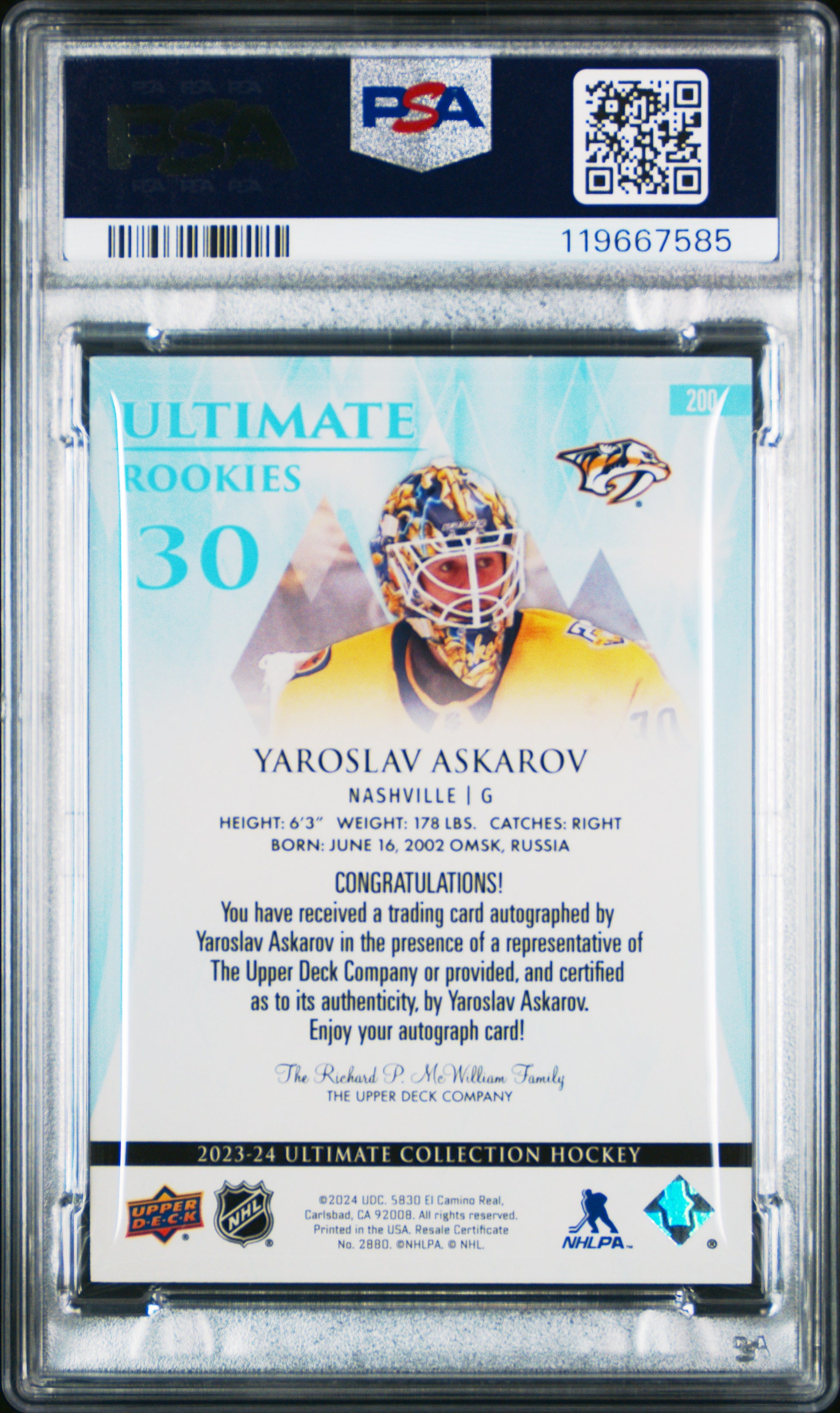 Yaroslav Askarov 2023 Upper Deck Ultimate Collection Rookie Auto #238/299 PSA 10 Gem Mint
