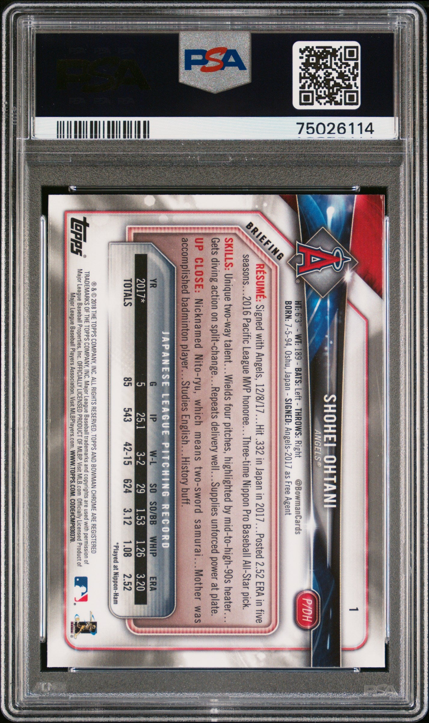 Shohei Ohtani 2018 Bowman Chrome RC #1 PSA 9 Mint 6114