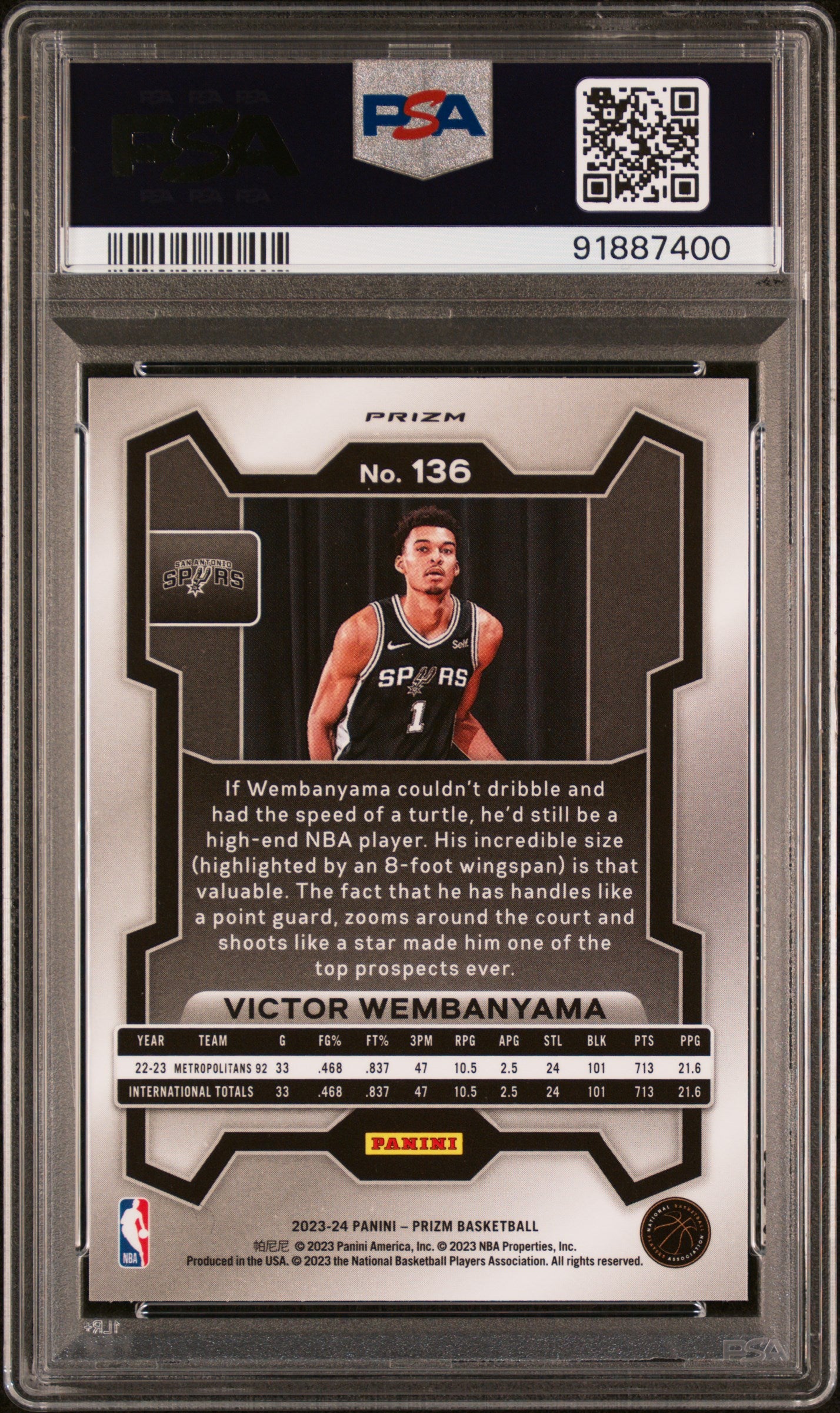 Victor Wembanyama 2023 Panini Prizm #136 Green Prizm PSA 10 Gem Mint