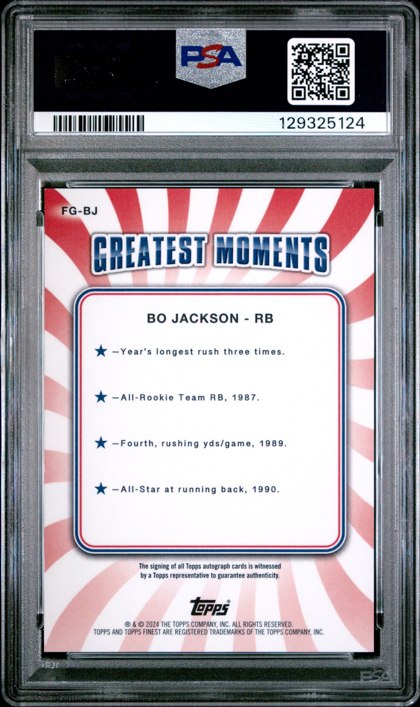 Bo Jackson 2024 Topps Finest Greats Black Refractor Auto #8/25 PSA 10 Gem Mint