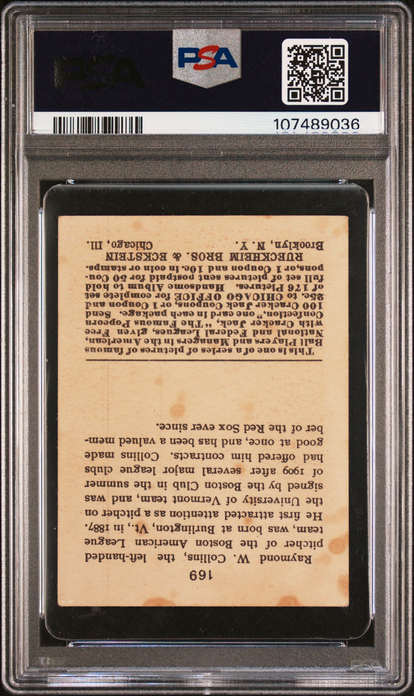 Ray Collins 1915 Cracker Jack #169 PSA 3 Very Good