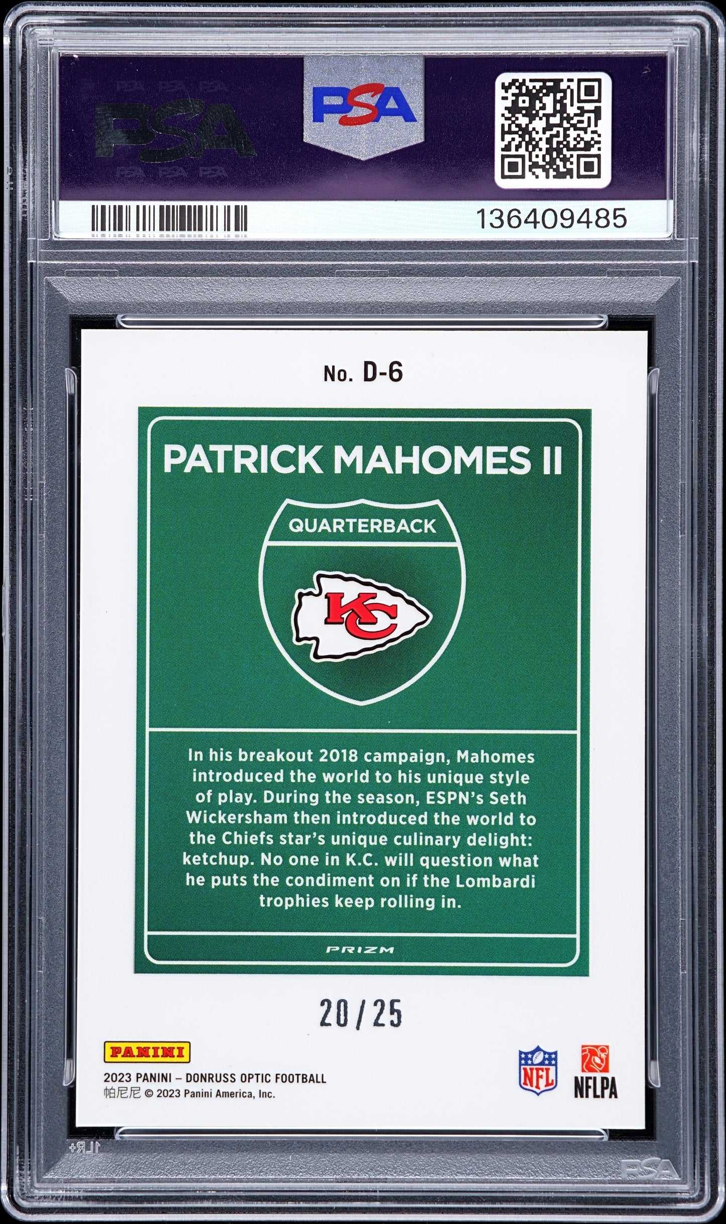 Patrick Mahomes 2023 Donruss Optic Downtown Black Pandora #20/25 PSA 9 Mint