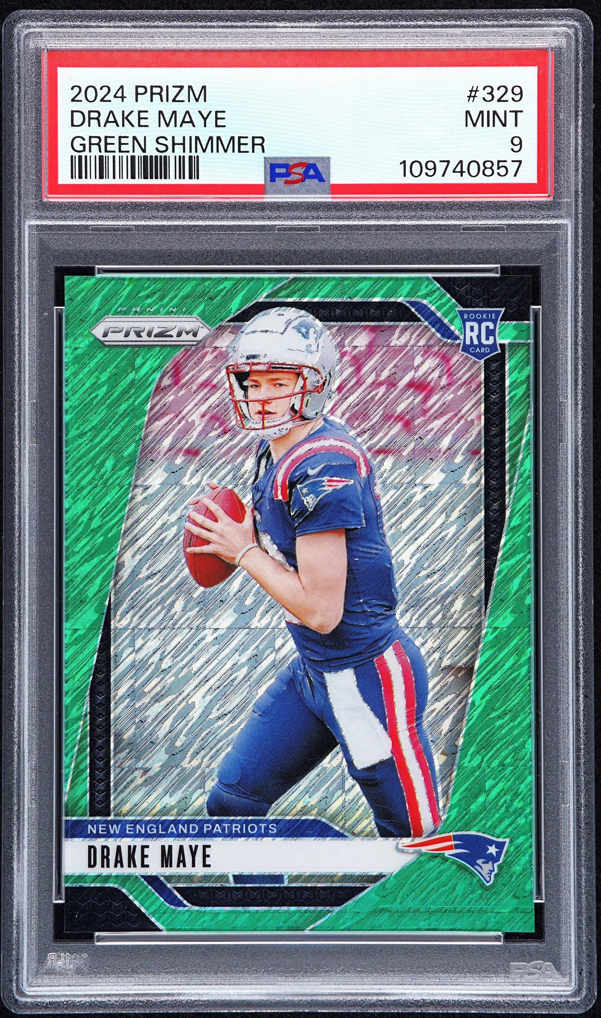Drake Maye 2024 Panini Prizm Rookie #329 Green Shimmer #2/5 PSA 9 Mint