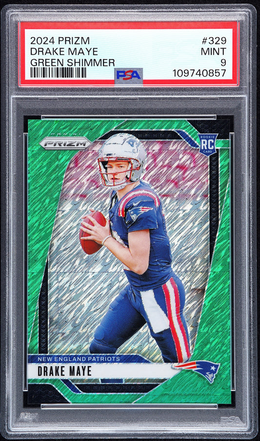 Drake Maye 2024 Panini Prizm Rookie #329 Green Shimmer #2/5 PSA 9 Mint