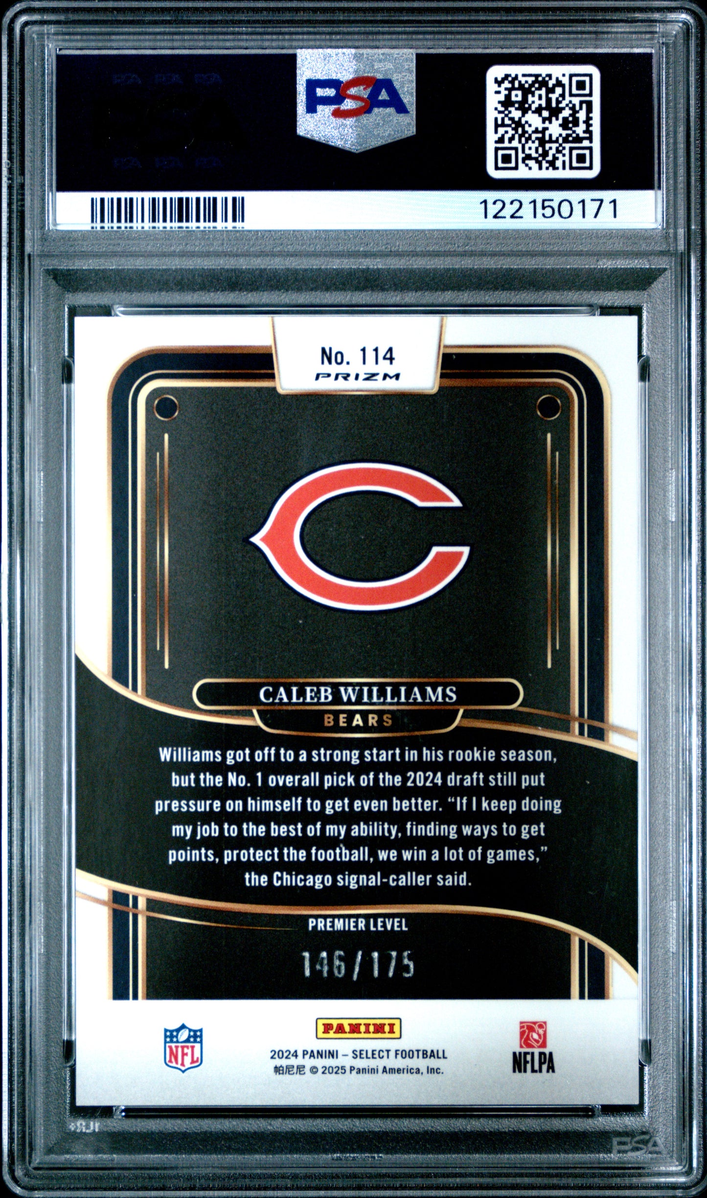 Caleb Williams 2024 Panini Select Rookie #114 Blue Prizm #146/175 PSA 10 Gem Mint