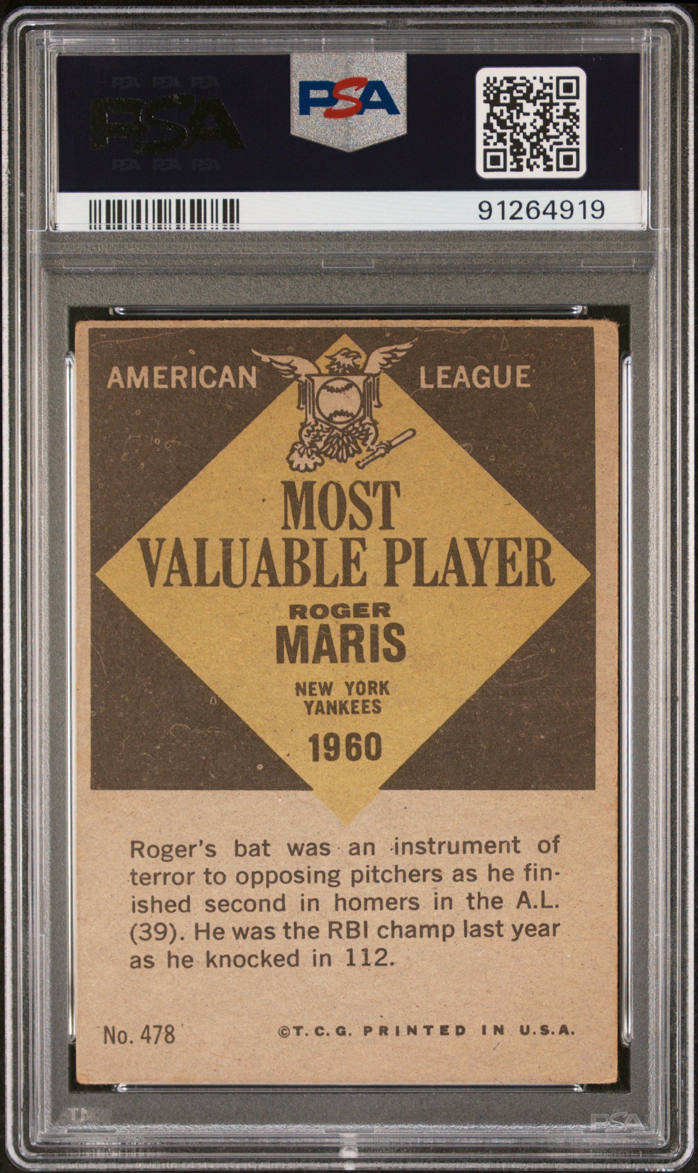 Roger Maris 1961 Topps MVP #478 PSA 3 Very Good