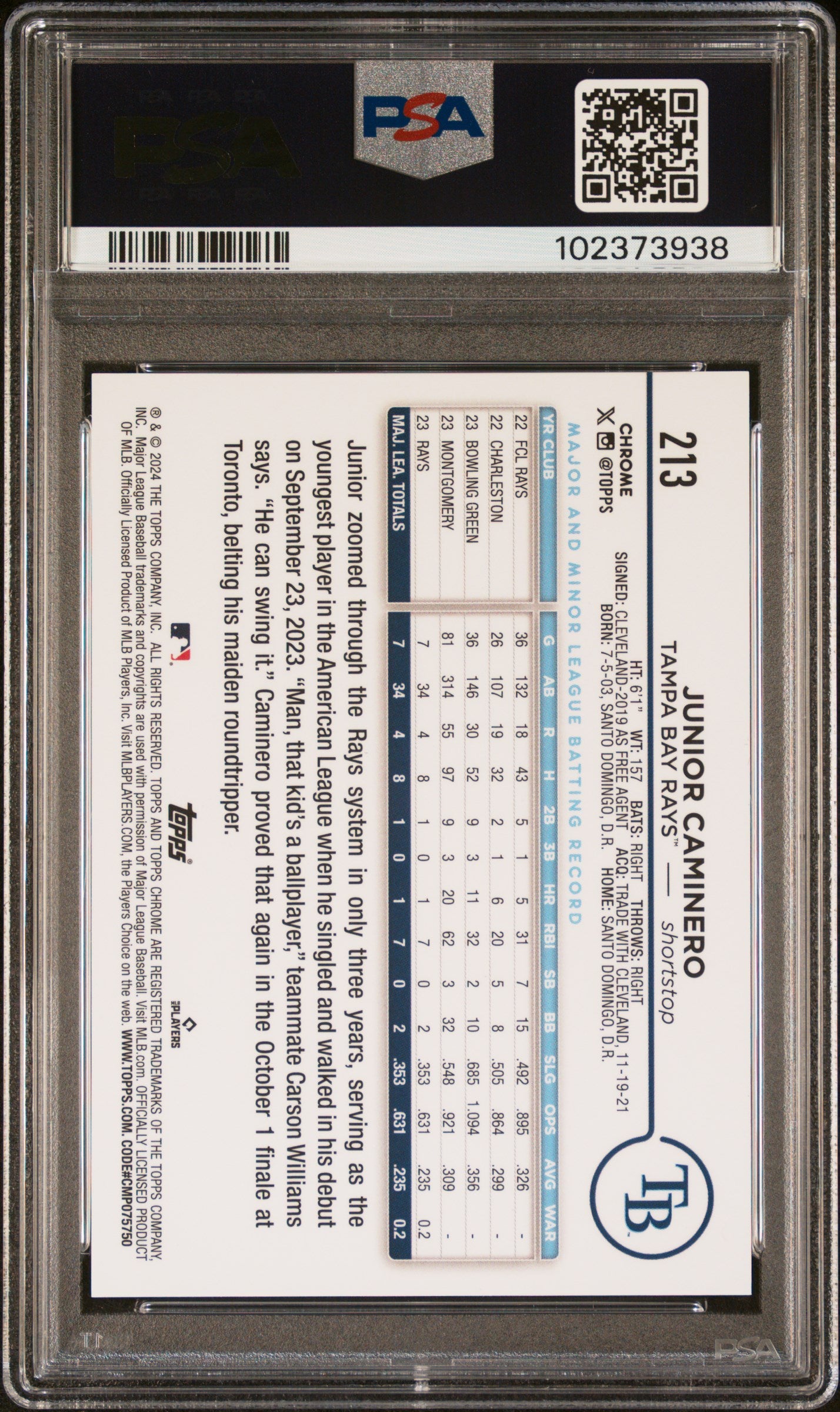Junior Caminero 2024 Topps Chrome Variation RC #213 PSA 10 Gem Mint