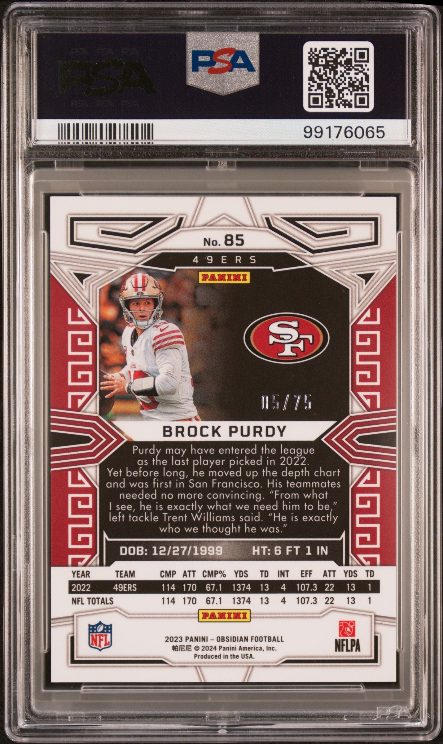 Brock Purdy 2023 Panini Obsidian Electric Etch Purple #5/75 PSA 10 Gem Mint