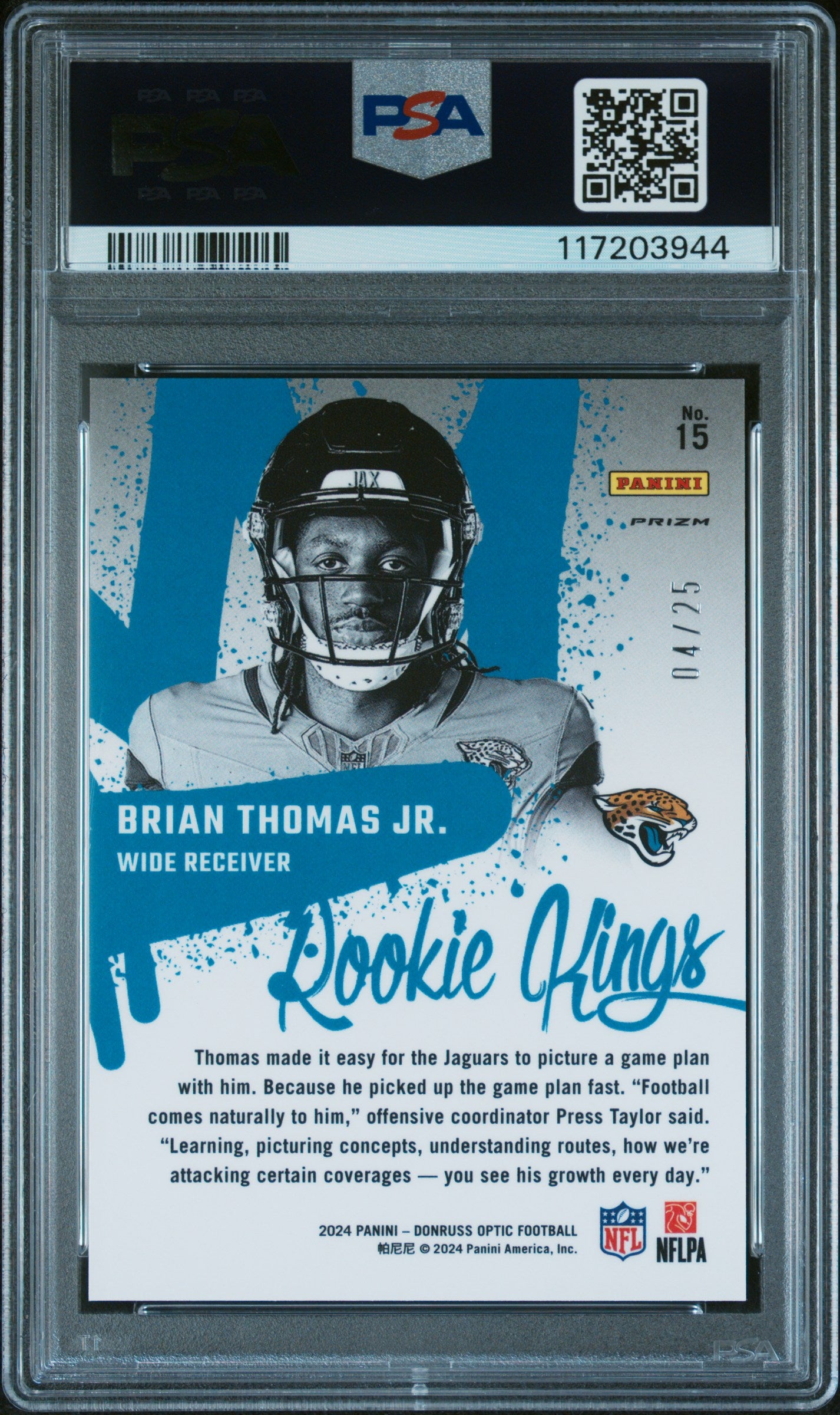 Brian Thomas Jr. 2024 Donruss Optic Rookie Kings Black Pandora #4/25 PSA 10 Gem Mint