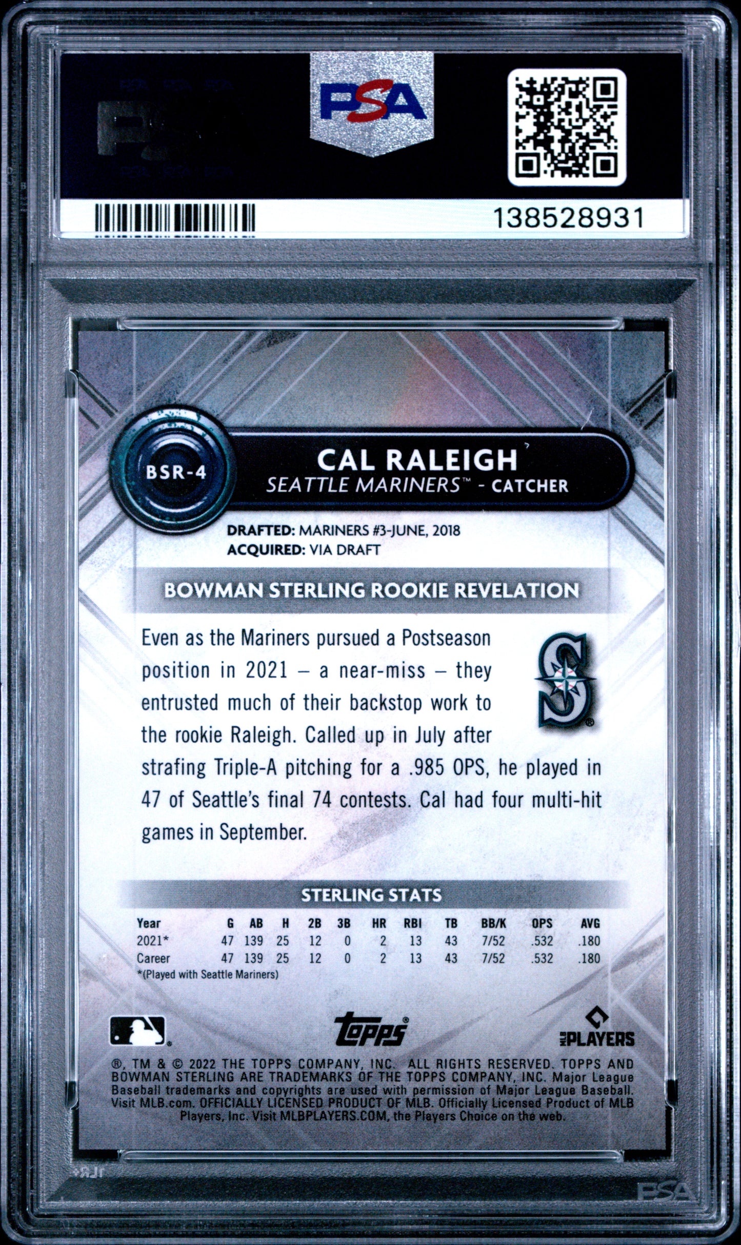 Cal Raleigh 2022 Bowman Sterling Gold Refractor #32/50 PSA 10 Gem Mint